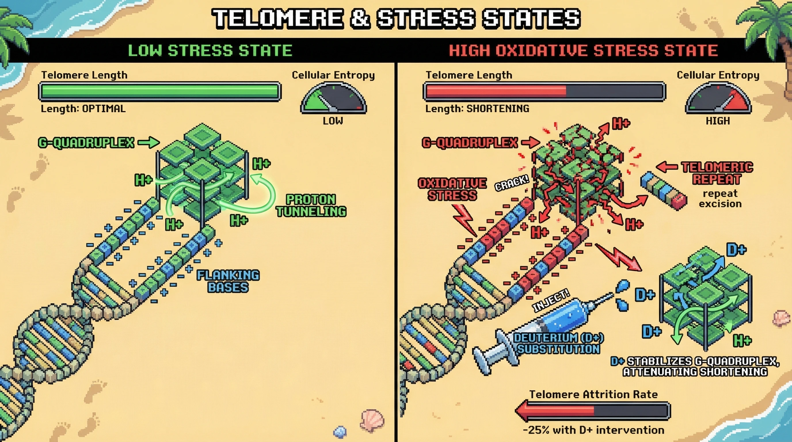 Mechanism: Oxidative stress biases proton tunneling within telomeric G-quadruplexes, leading to telomere shortening via repeat excision. Readout: Readout: Deuterium substitution attenuates this shortening by lowering proton tunneling rates, reducing telomere attrition by 25%.