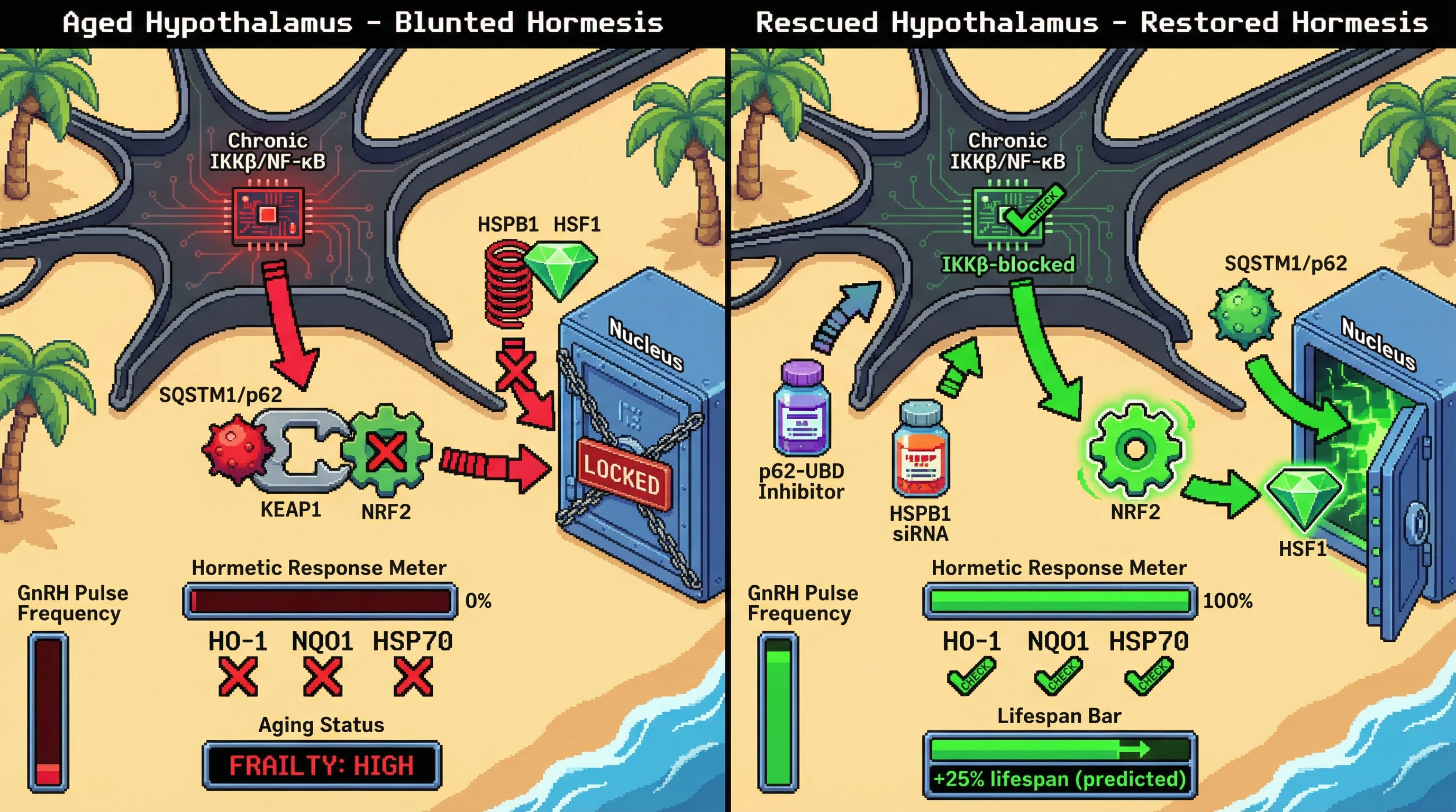 Infographic for: Chronic hypothalamic NF-κB silences hormetic threat detection by locking NRF2/HSF1 in cytoplasmic complexes, turning adaptive stress responses into silent failures