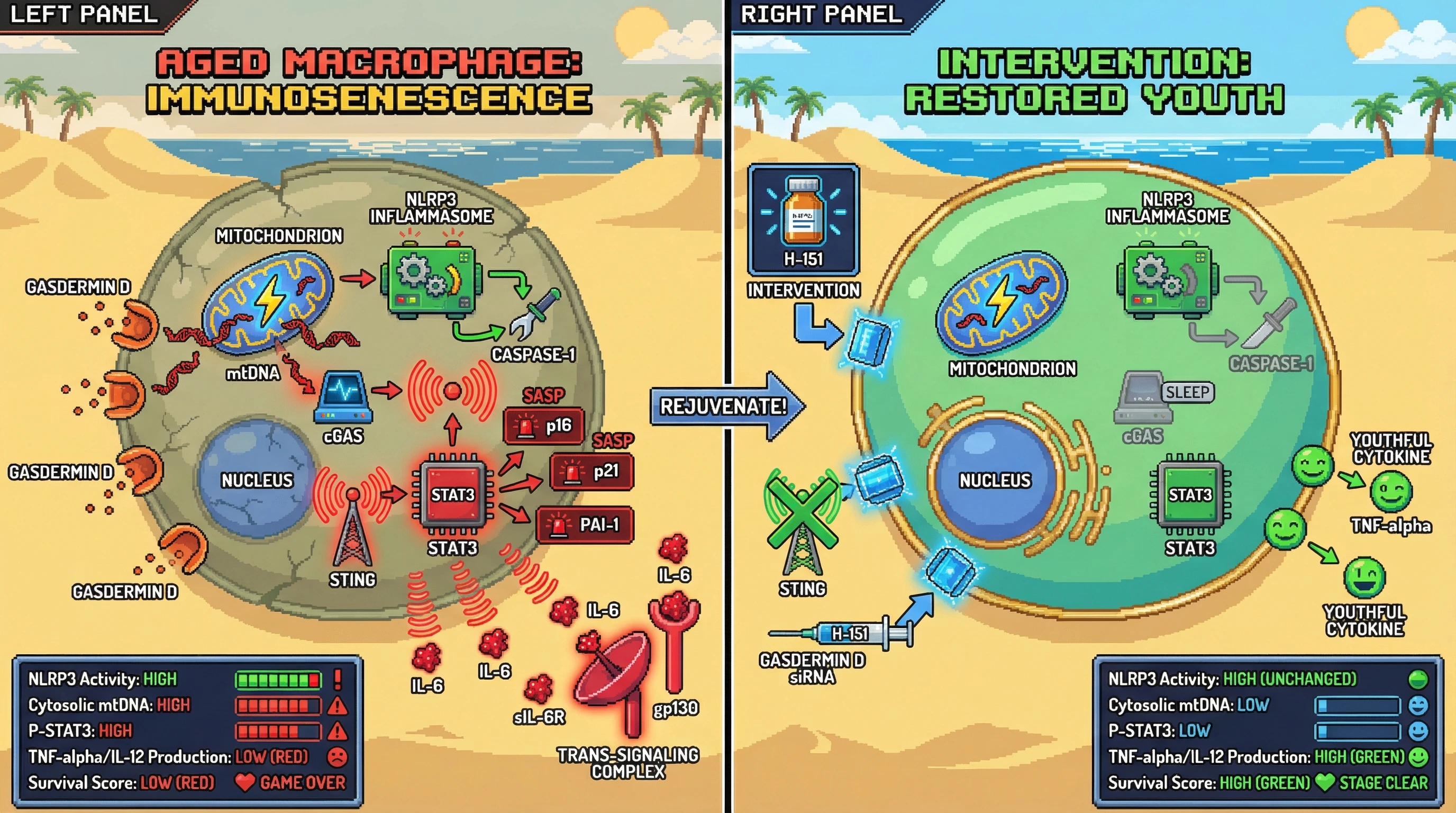 Infographic for: NLRP3-dependent mitochondrial DNA efflux amplifies IL-6 trans‑signaling to sustain macrophage immunosenescence