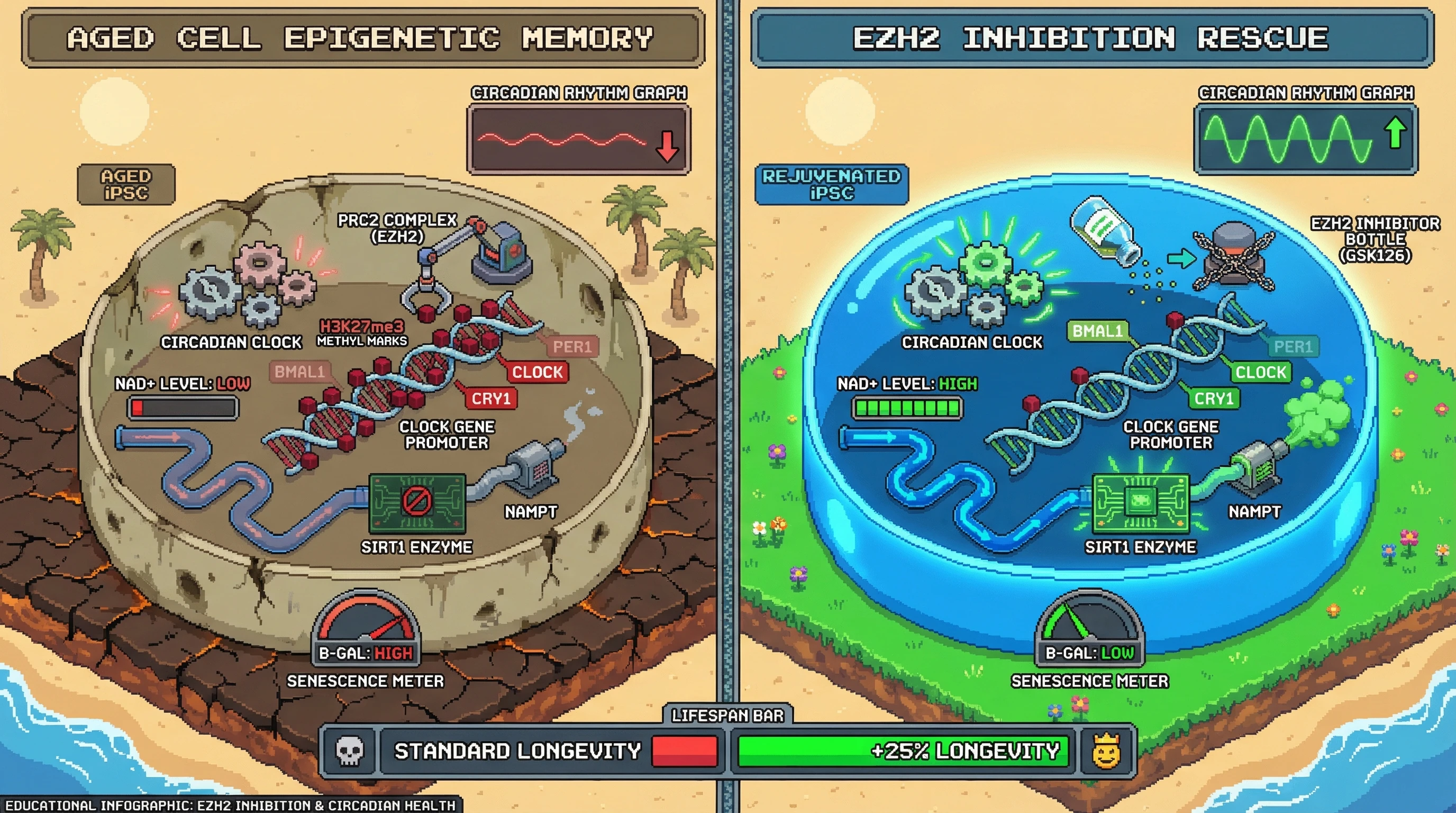 Infographic for: Circadian Epigenetic Memory as a Barrier to Complete Rejuvenation: Testing Persistent H3K27me3 at Clock Genes in Aged-Donor iPSCs