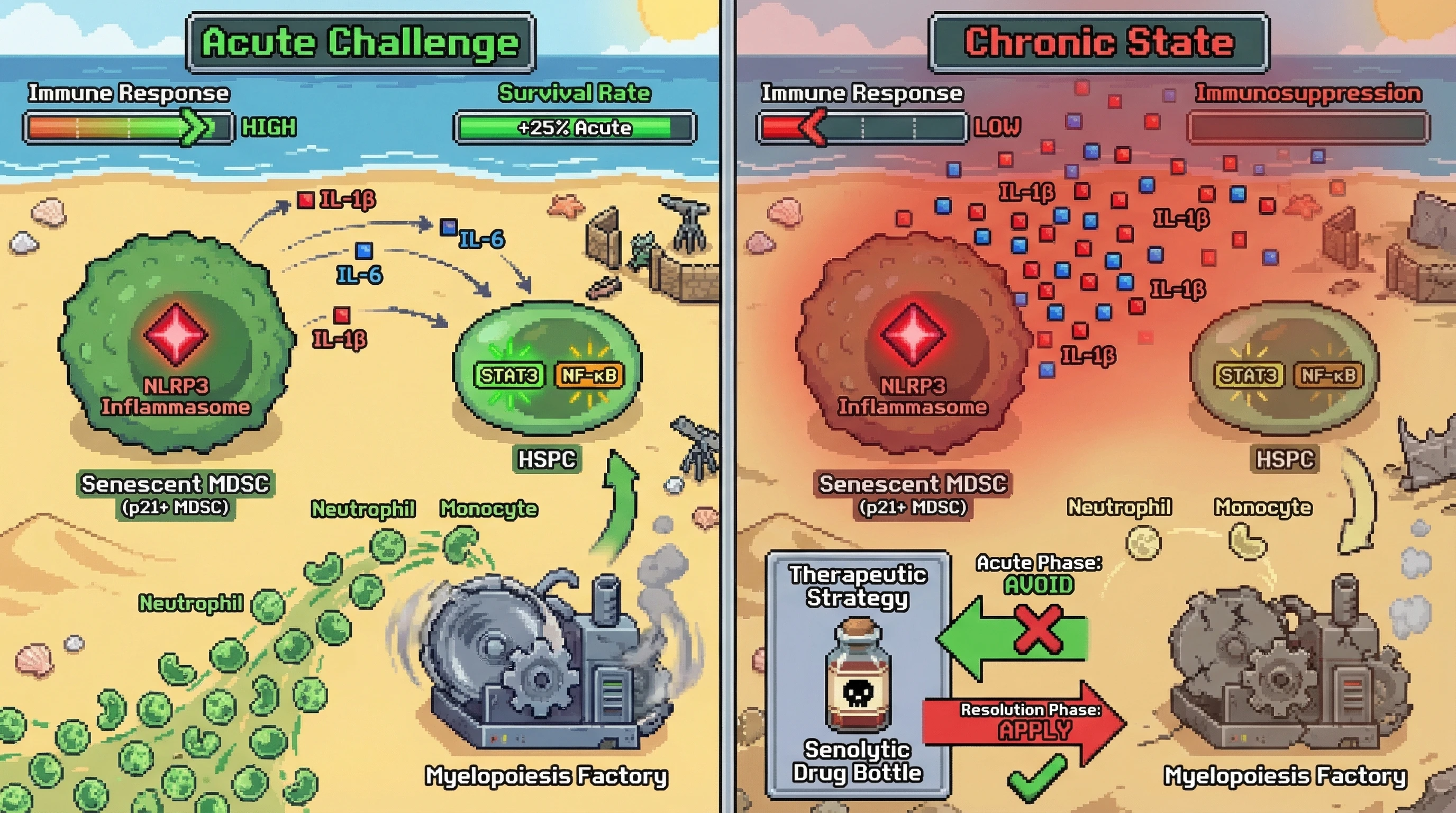 Infographic for: Senescent Myeloid-Derived Suppressor Cells as a Transient Emergency Myelopoietic Reserve: IL-6/IL-1β–Mediated HSPC Priming