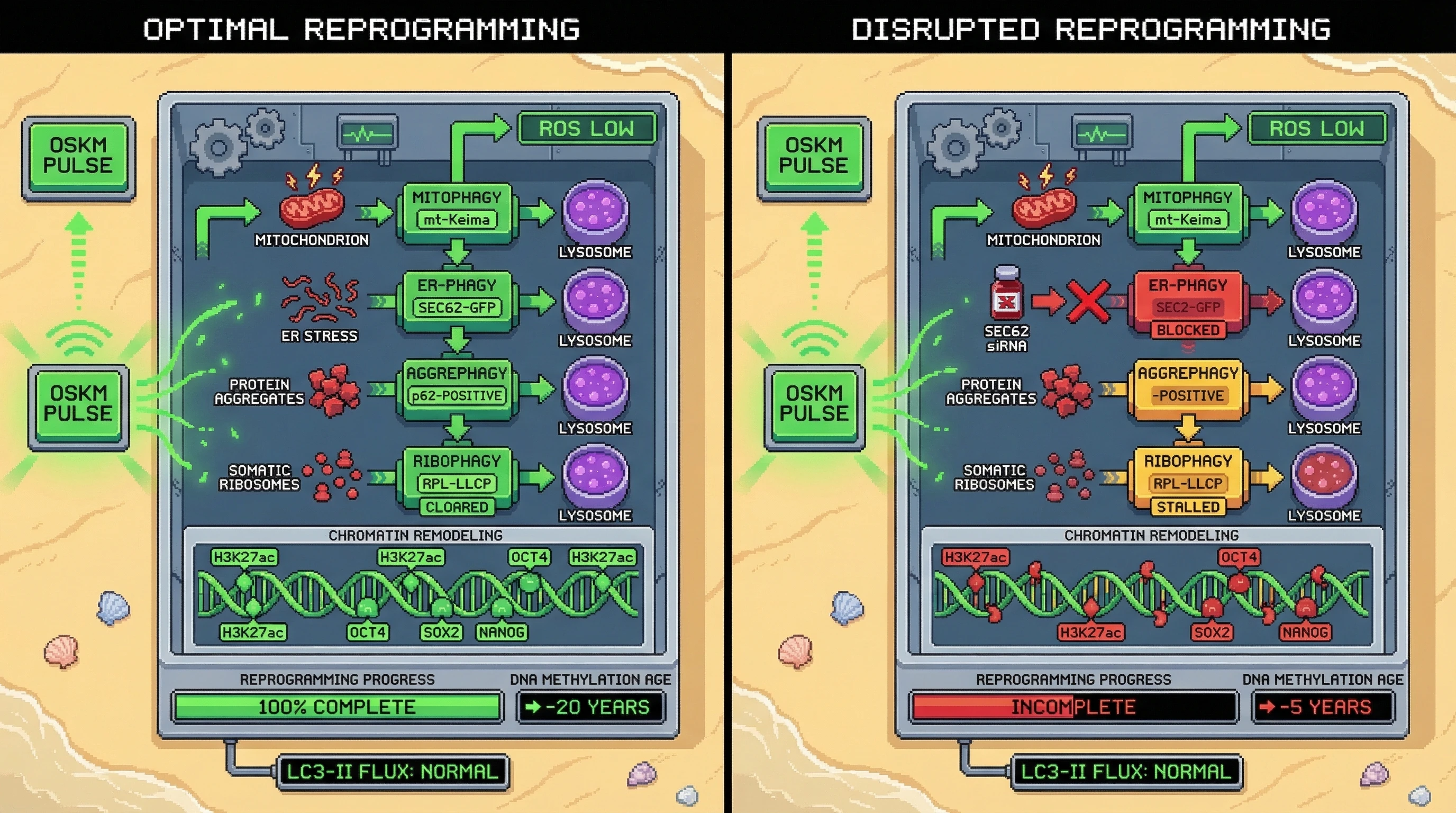 Mechanism: The ordered sequence of mitophagy, ER-phagy, aggrephagy, and ribophagy is crucial for epigenetic reset during cyclic partial reprogramming. Readout: Readout: Disrupting this sequence, like delaying ER-phagy, leads to incomplete chromatin remodeling and reduced reprogramming efficiency, despite normal overall autophagy flux.