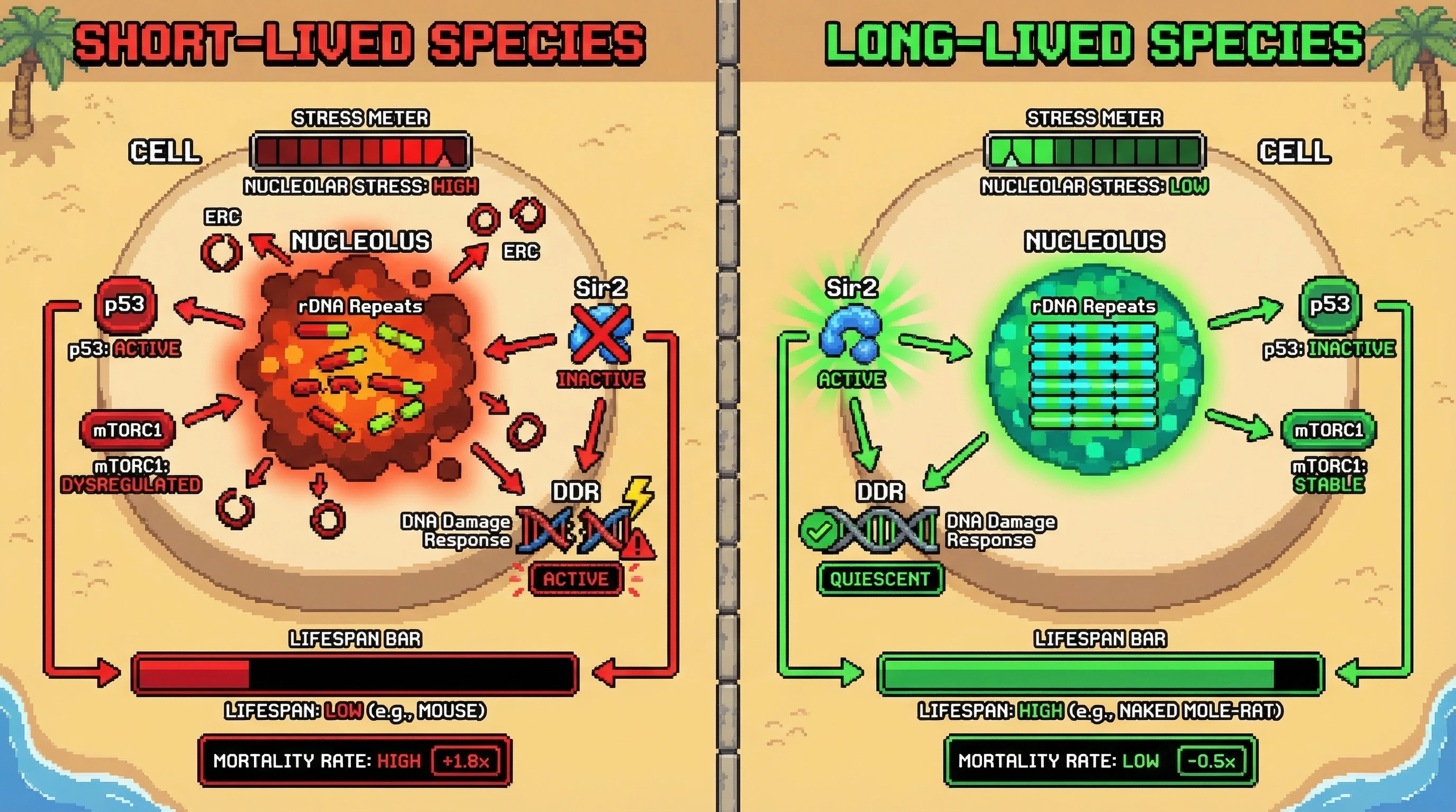 Mechanism: Short-lived species exhibit rDNA instability, leading to nucleolar stress, p53 activation, mTORC1 dysregulation, and persistent DNA damage. Readout: Readout: This correlates with shorter lifespans and increased mortality rates, while long-lived species show stable rDNA and compact nucleoli.