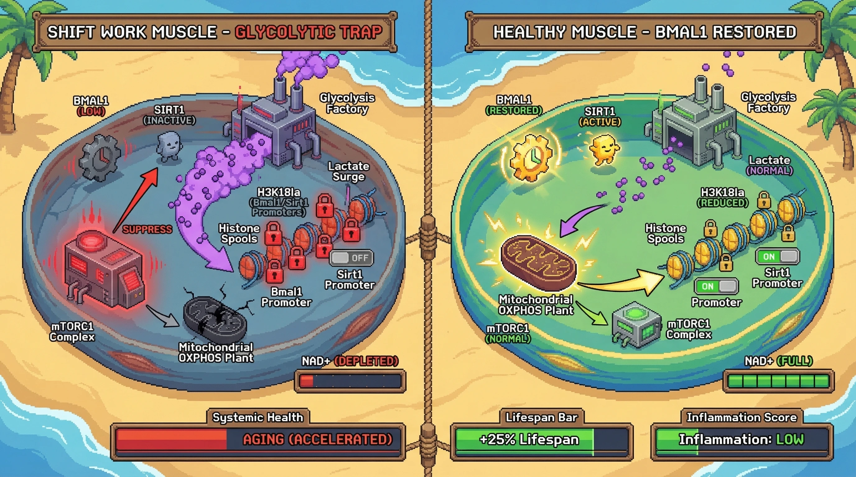 Infographic for: The Lactate-Scarring Hypothesis: Mistimed Muscle Contraction in Shift Work Drives Systemic Aging via Histone-Lactylation-Mediated Silencing of the BMAL1-SIRT1 Axis