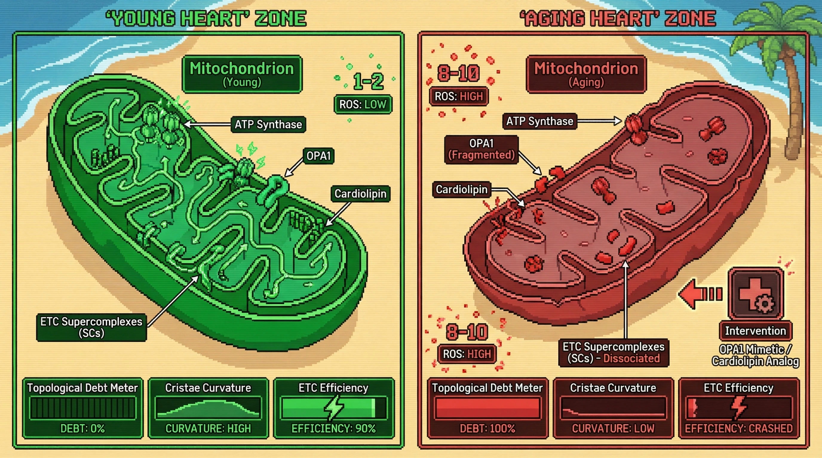 Mechanism: The Topological Debt Hypothesis proposes that aging involves the breakdown of sharply curved mitochondrial cristae membranes due to energetic costs, leading to ETC supercomplex decoupling. Readout: Readout: This results in significantly decreased ETC efficiency and increased reactive oxygen species (ROS) levels, visualized as a shift from high to low cristae curvature and a rise in 'Topological Debt'.