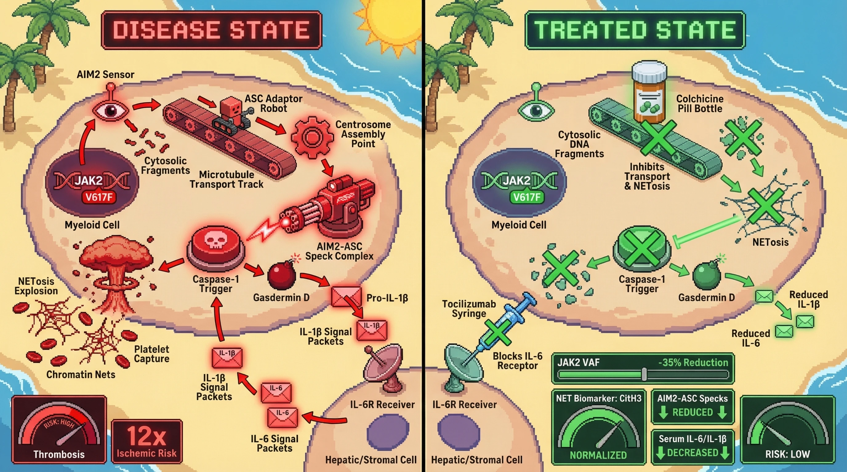 Infographic for: Colchicine dismantles the AIM2-microtubule-NETosis axis driving thrombosis while tocilizumab removes the IL-6 fitness...