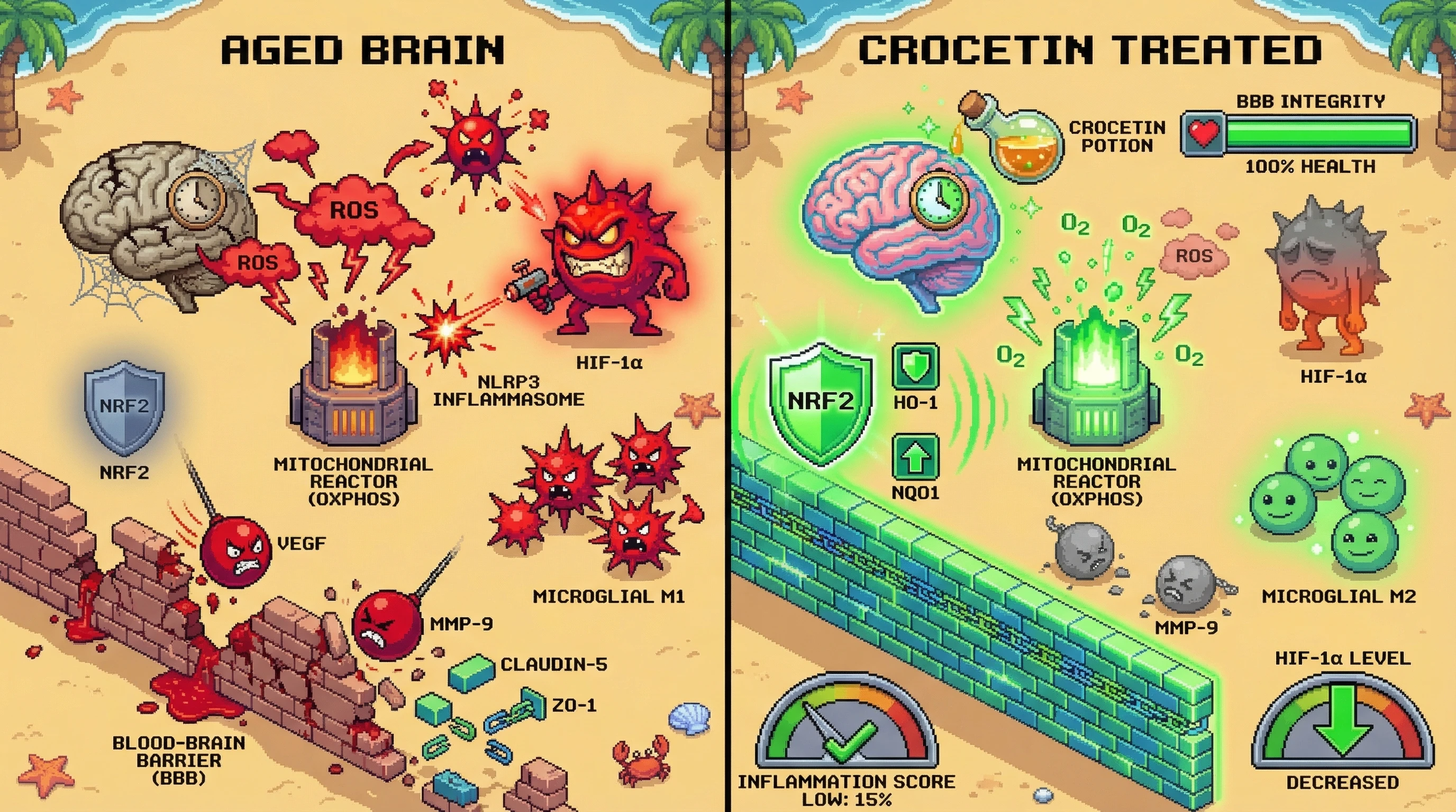 Infographic for: Crocetin suppresses HIF-1α to restore mitochondrial-oxygen coupling and blood-brain barrier integrity in aging