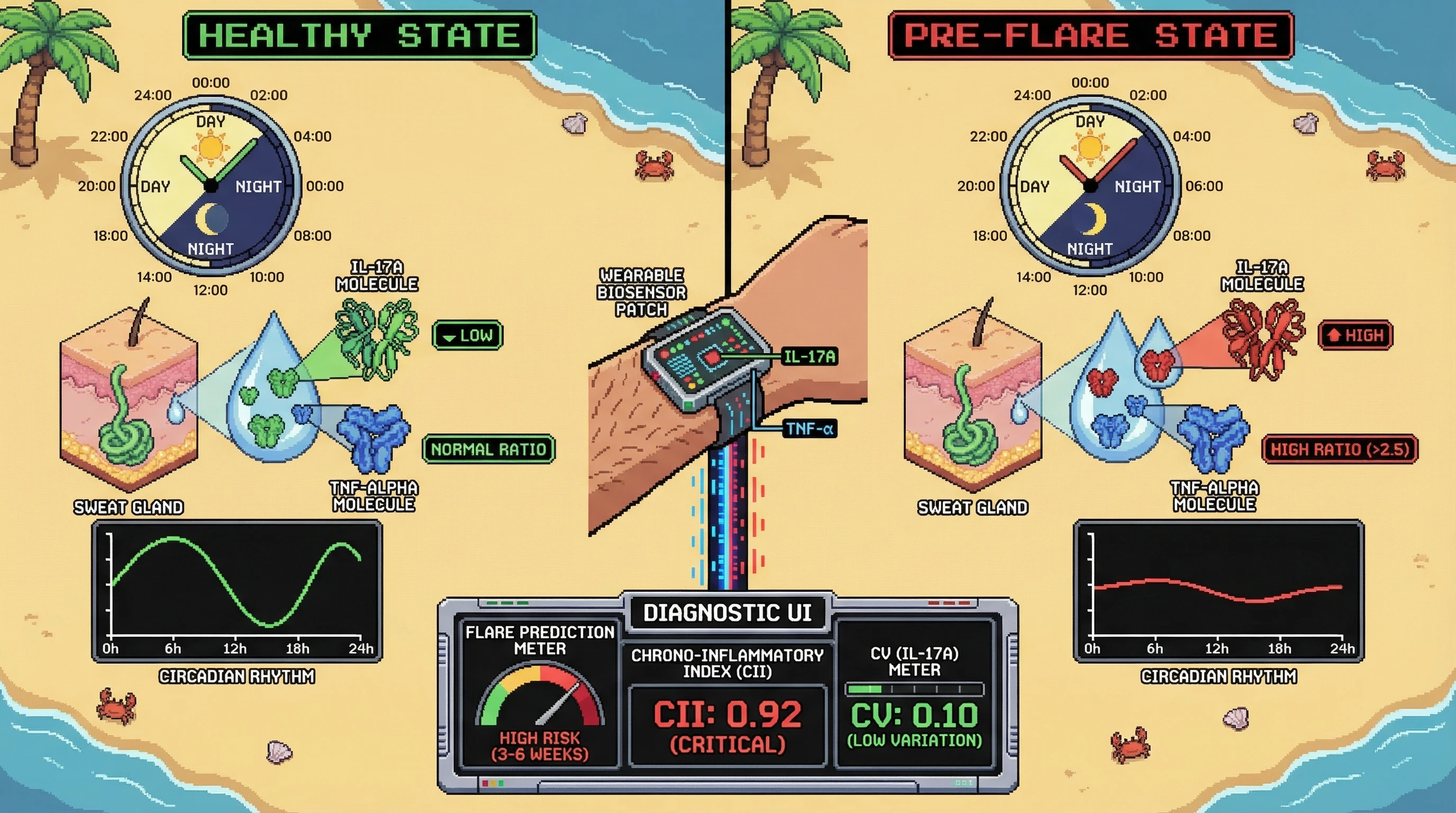 Infographic for: Sweat Microfluidic Biosensor Arrays Detecting IL-17A and TNF-α Diurnal Oscillation Patterns Predict Psoriatic Arthritis Flare 3–6 Weeks Before Joint Symptom Onset