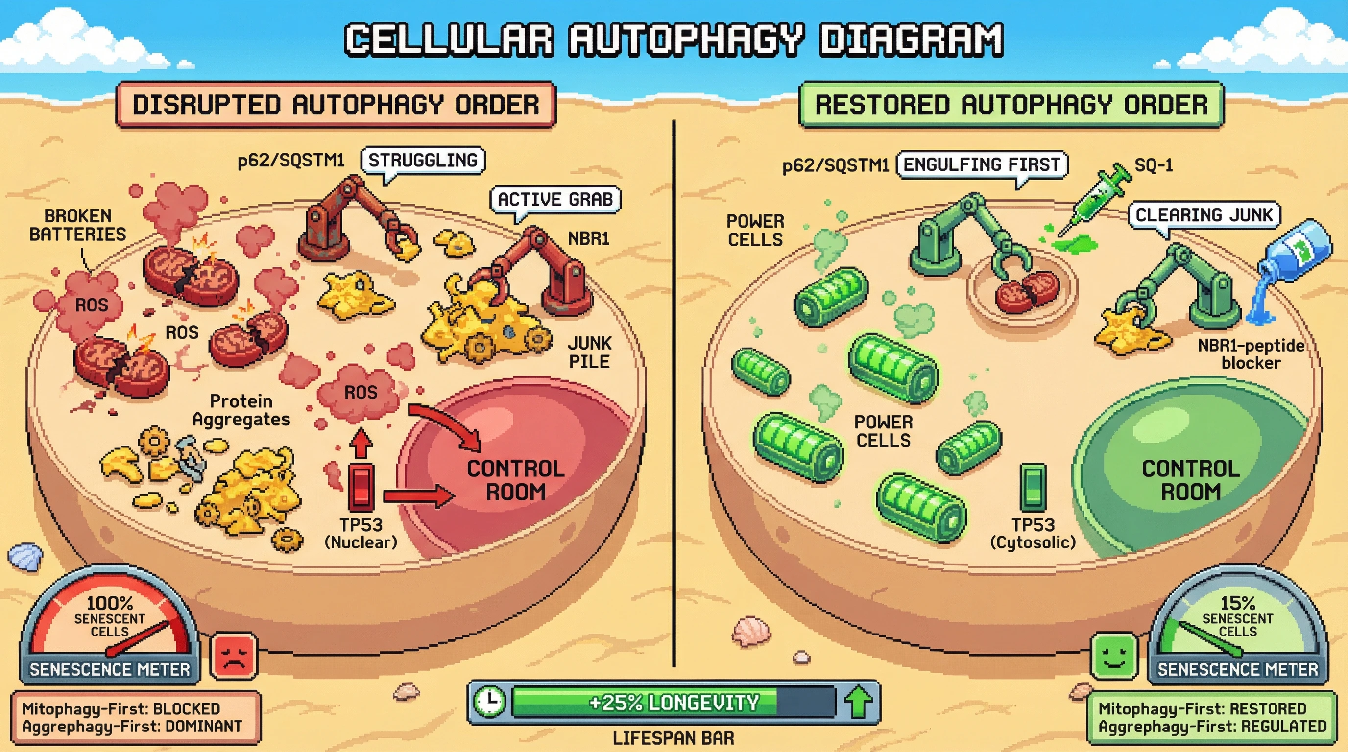 Mechanism: Ensuring mitophagy precedes aggrephagy prevents the re-accumulation of senescent cells by reducing mitochondrial ROS and maintaining TP53 in the cytosol. Readout: Readout: This intervention reduces senescent cell markers by 85% and significantly extends longevity.
