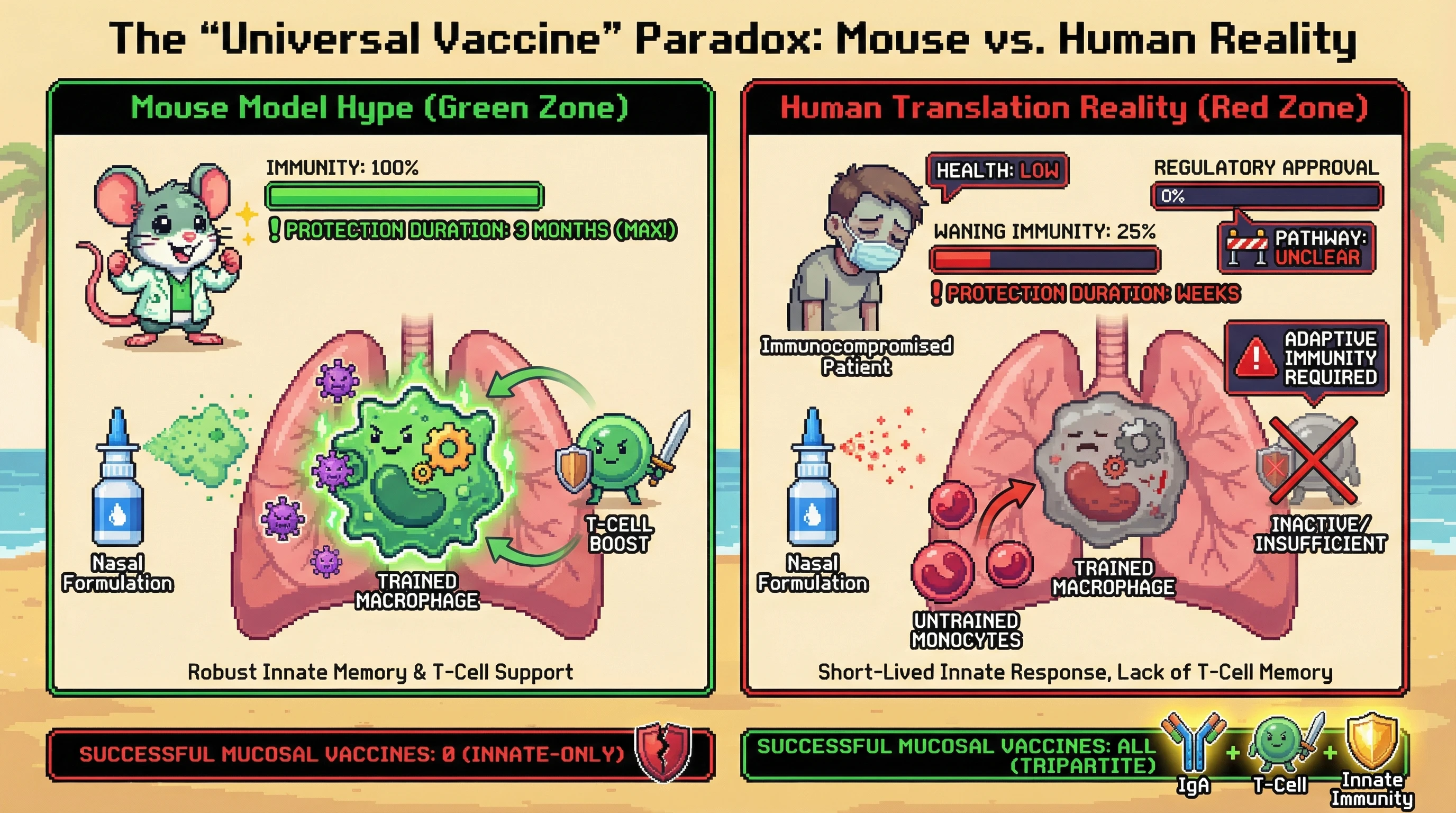 This infographic dissects the 'universal vaccine' hypothesis, contrasting its hyped mouse model performance with critical issues for human translation, including its reliance on adaptive immunity and a lack of regulatory pathways for innate-only immunomodulators.