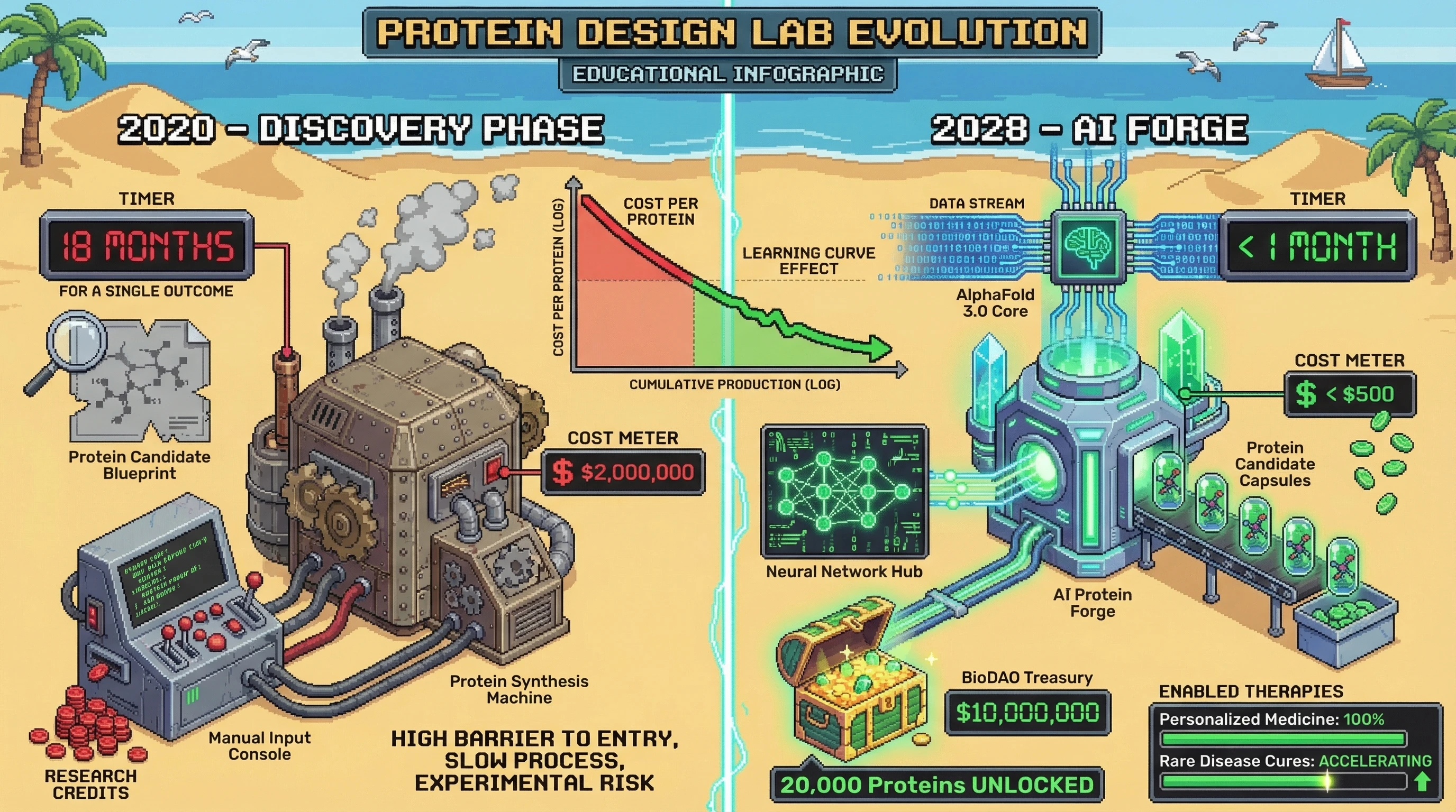 Infographic for: Protein Design Cost Crashes 400x in 6 Years: By 2028, Functional Proteins Cost <$500 to Design