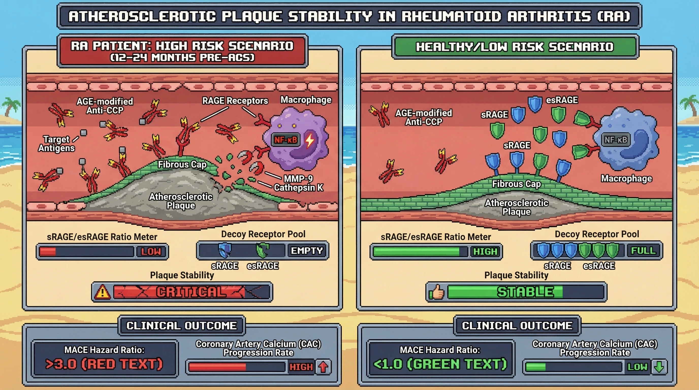 Mechanism: Declining sRAGE/esRAGE ratio combined with rising AGE-modified anti-CCP antibodies drives RAGE activation in macrophages, leading to plaque instability. Readout: Readout: This predicts a MACE Hazard Ratio 3.0 and high Coronary Artery Calcium progression rate 12-24 months before acute coronary events.