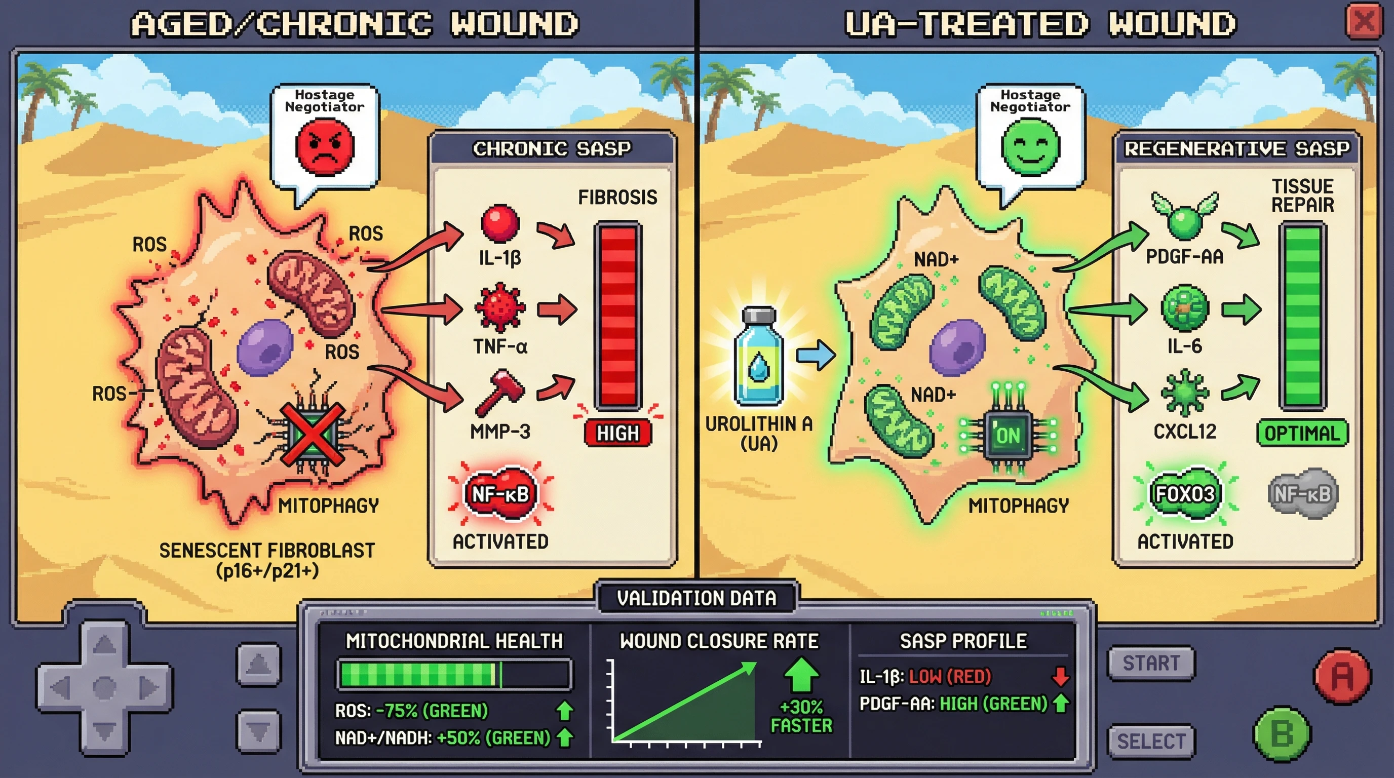Infographic for: Urolithin A preserves regenerative senescence by coupling mitophagy to SASP reprogramming in fibroblast hostage‑negotiators