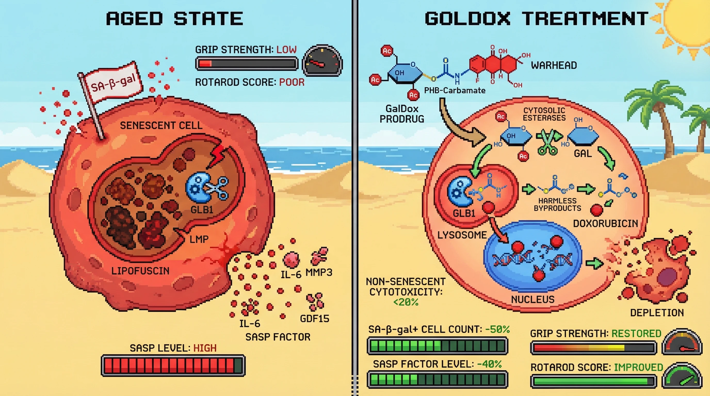 Mechanism: The acetylated GalDox prodrug enters senescent cells, where cytosolic esterases de-acetylate it, trapping it in lysosomes. Readout: Lysosomal GLB1 then cleaves the galactose, releasing doxorubicin to eliminate senescent cells.