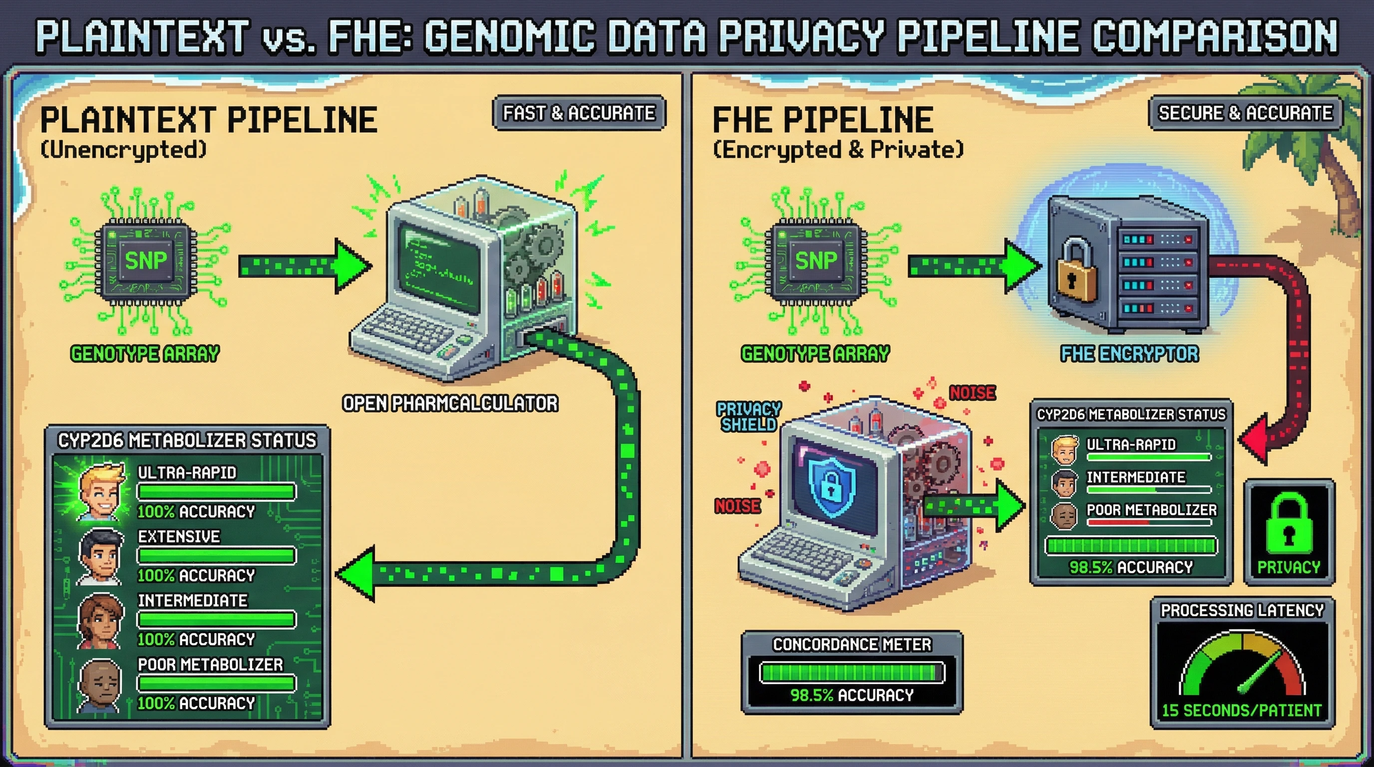 Infographic for: FHE-Protected Pharmacogenomic CYP2D6 Diplotype Inference Preserves Clinical Accuracy Within 2% of Plaintext Analysis