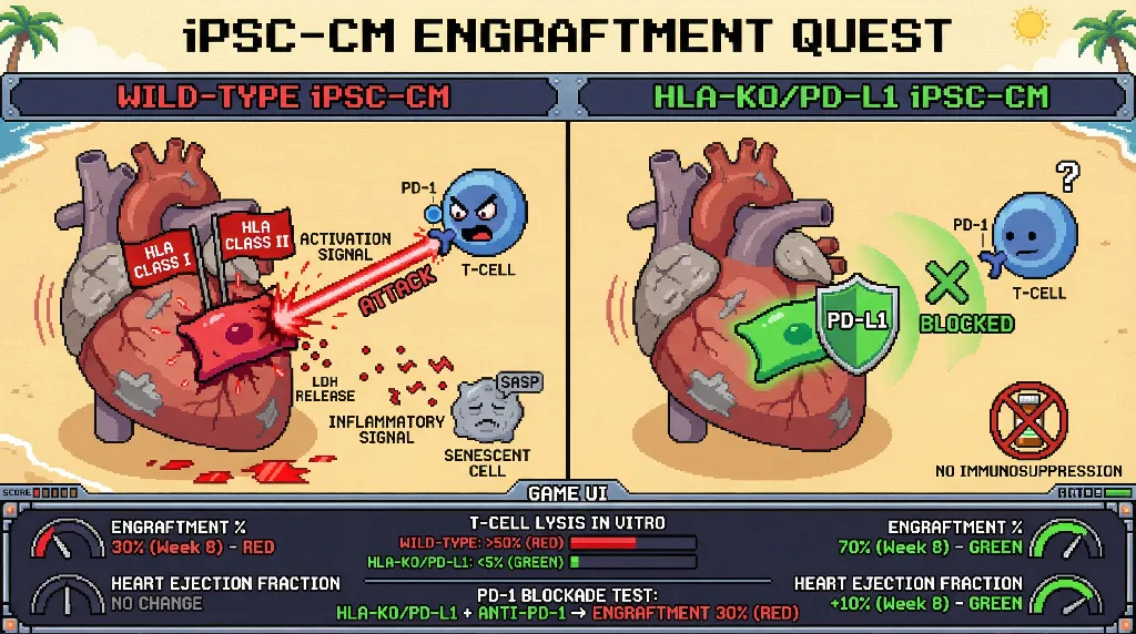 Infographic for: HLA‑KO/PD‑L1 iPSC‑Derived Cardiomyocytes Prevent Immune-Mediated Loss in Aged Hearts Without Long‑Term Immunosuppression