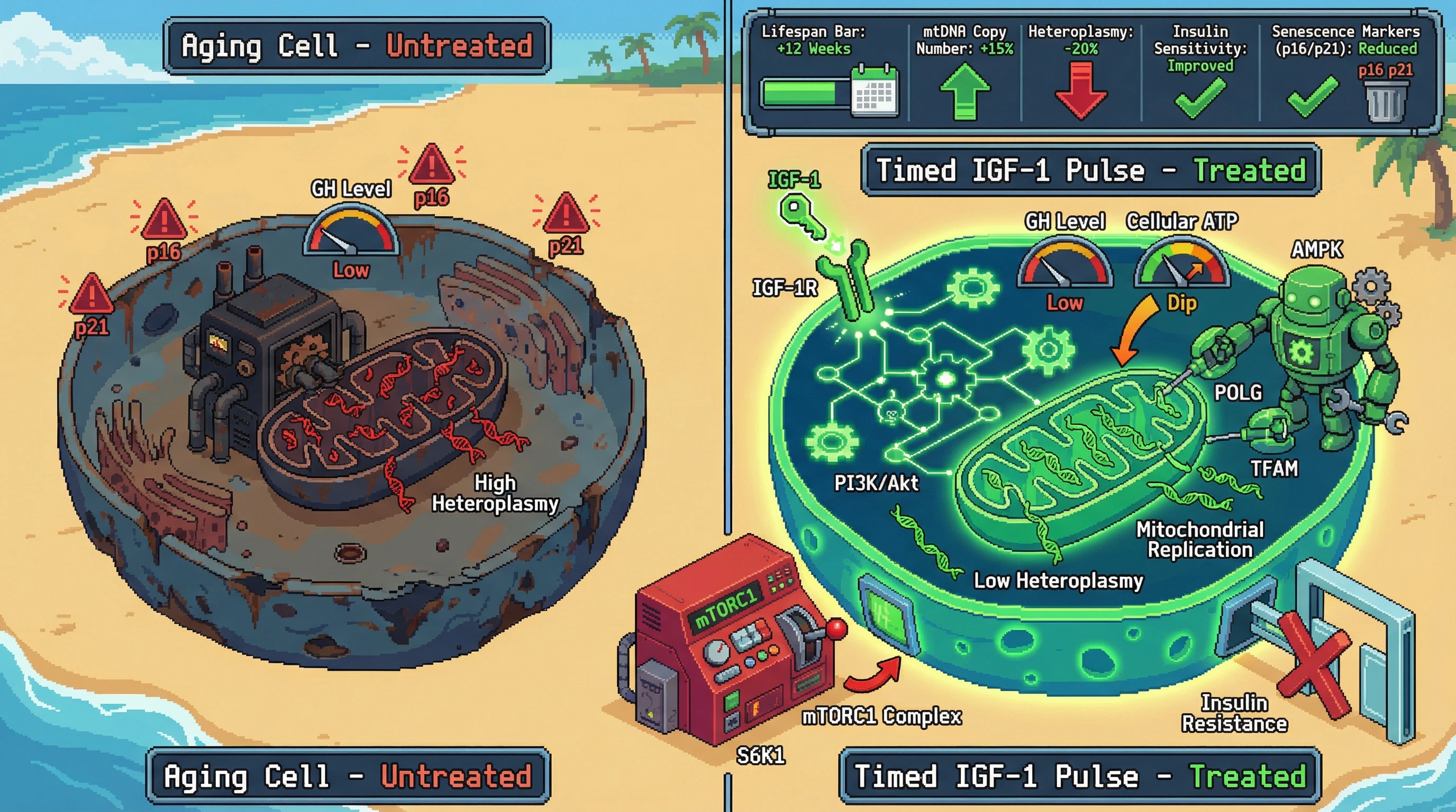 Infographic for: Timed IGF-1 Pulses Enhance Mitochondrial Genome Repair in Aging via AMPK‑POL G Axis