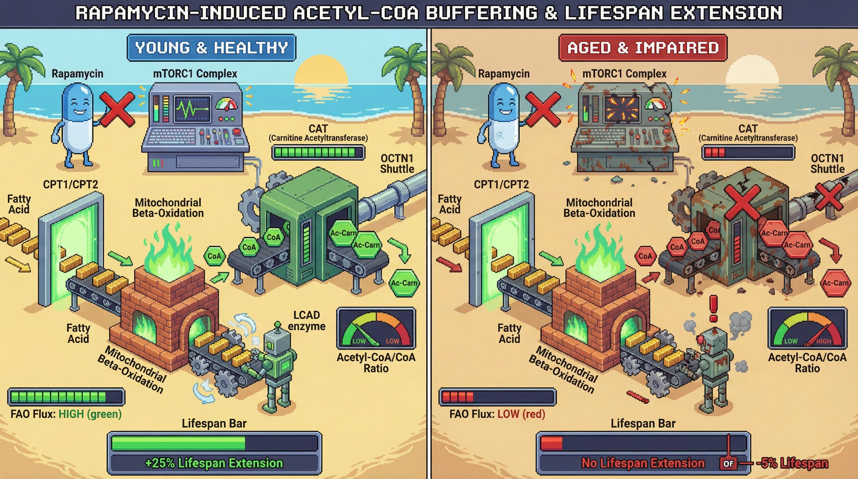 Infographic for: CAT-dependent acetyl-CoA buffering gates rapamycin-induced fatty acid oxidation and lifespan extension