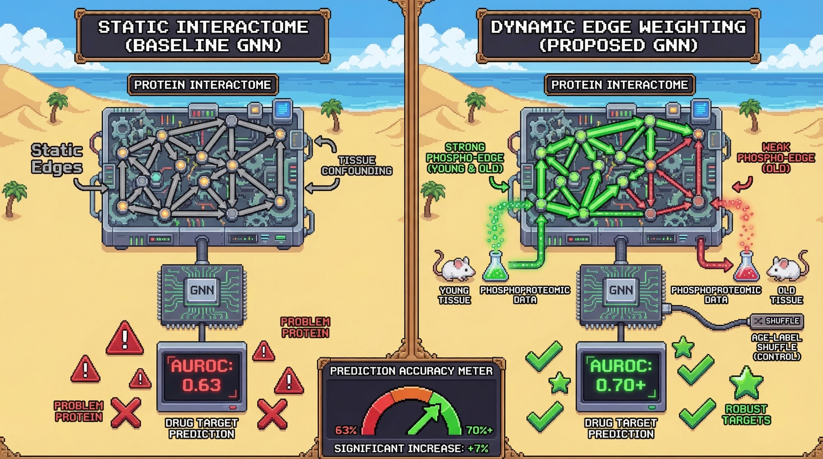 Infographic for: Dynamic Edge Weighting from Age-Specific Phosphoproteomics Resolves Tissue-Confounded Bias in GNN-Based Aging Drug Target Prediction
