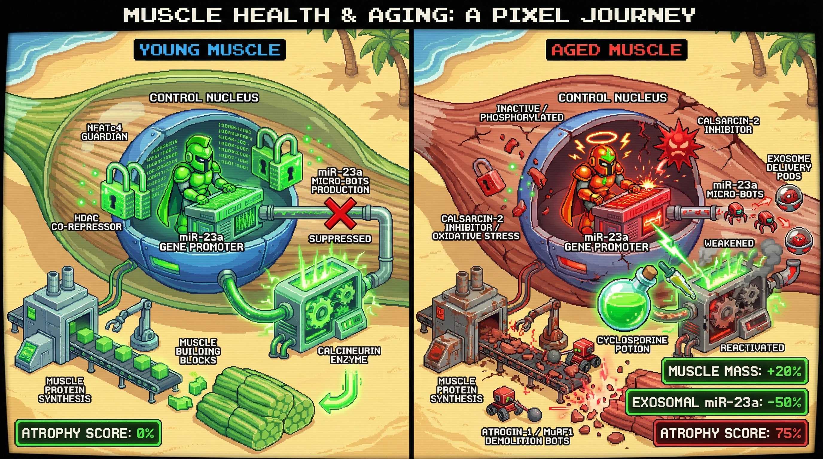 Infographic for: NFATc4‑dependent miR-23a repression buffers atrophy signaling, and its age‑related uncoupling drives sarcopenia