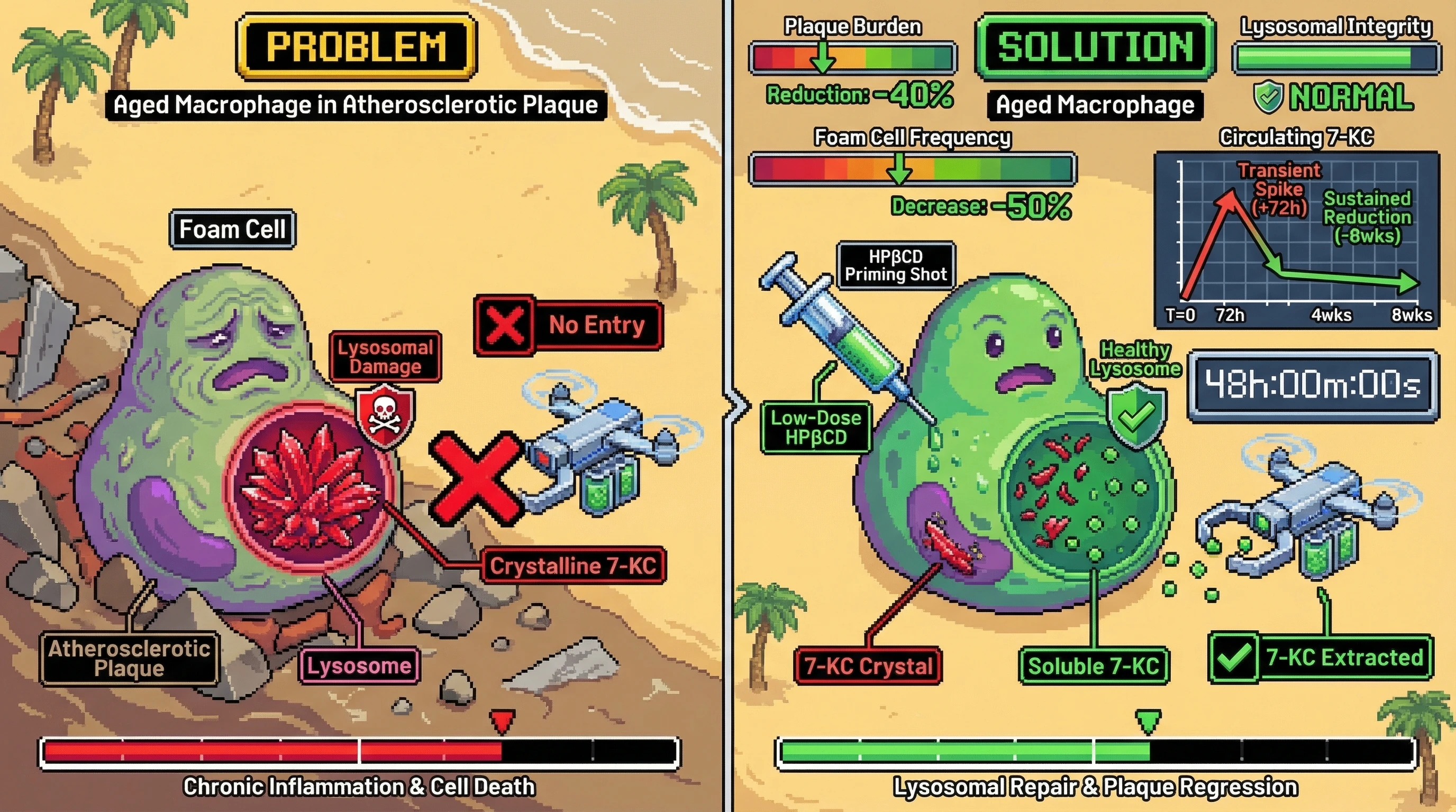 Infographic for: Priming aged atherosclerotic macrophages with a single low-dose HPβCD injection to liquefy crystalline lysosomal 7-KC...