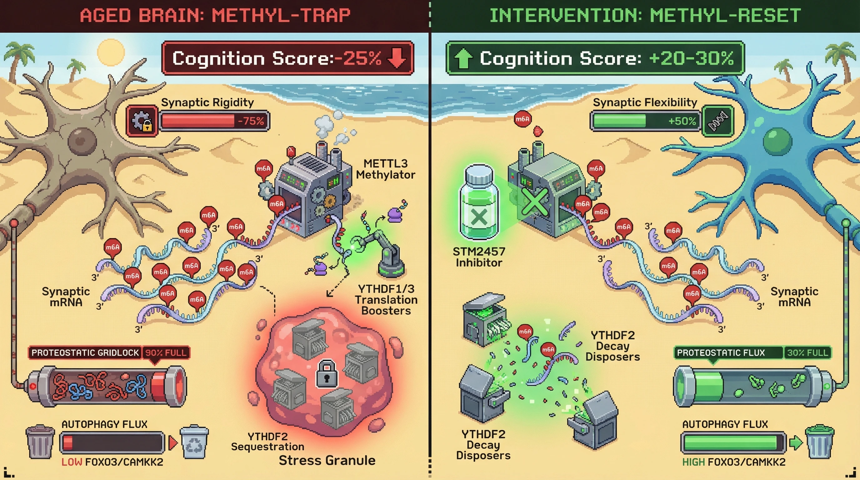 Mechanism: Intermittent METTL3 inhibition reduces m6A marks on synaptic mRNA, freeing YTHDF2 to restore mRNA decay and autophagy. Readout: Readout: This process resolves proteostatic gridlock, increasing synaptic flexibility and improving cognitive performance by 20-30% in aged brains.