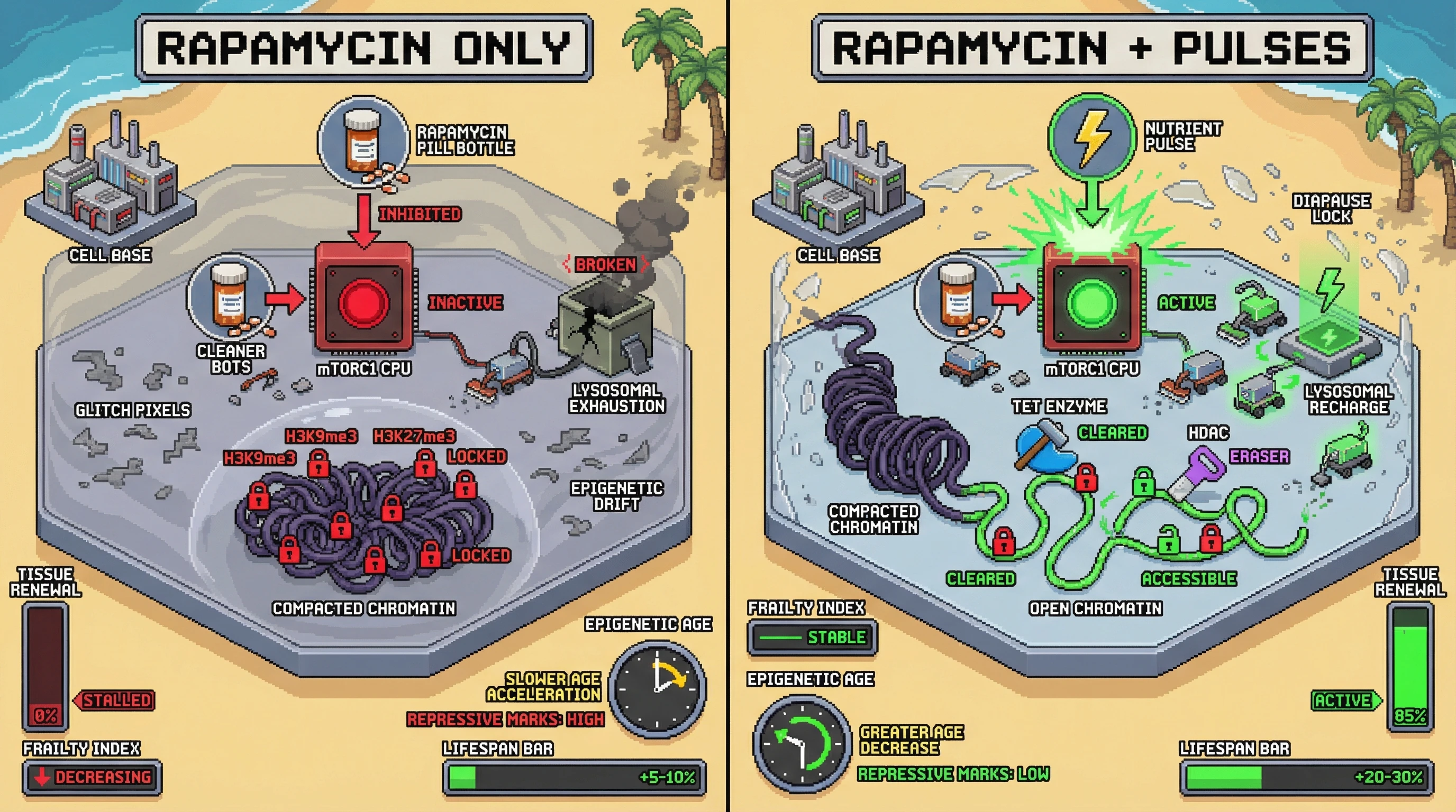 Infographic for: mTOR Inhibition Induces a Diapause‑Like State That Limits Longevity Gain Unless Paired with Metabolic Pulses