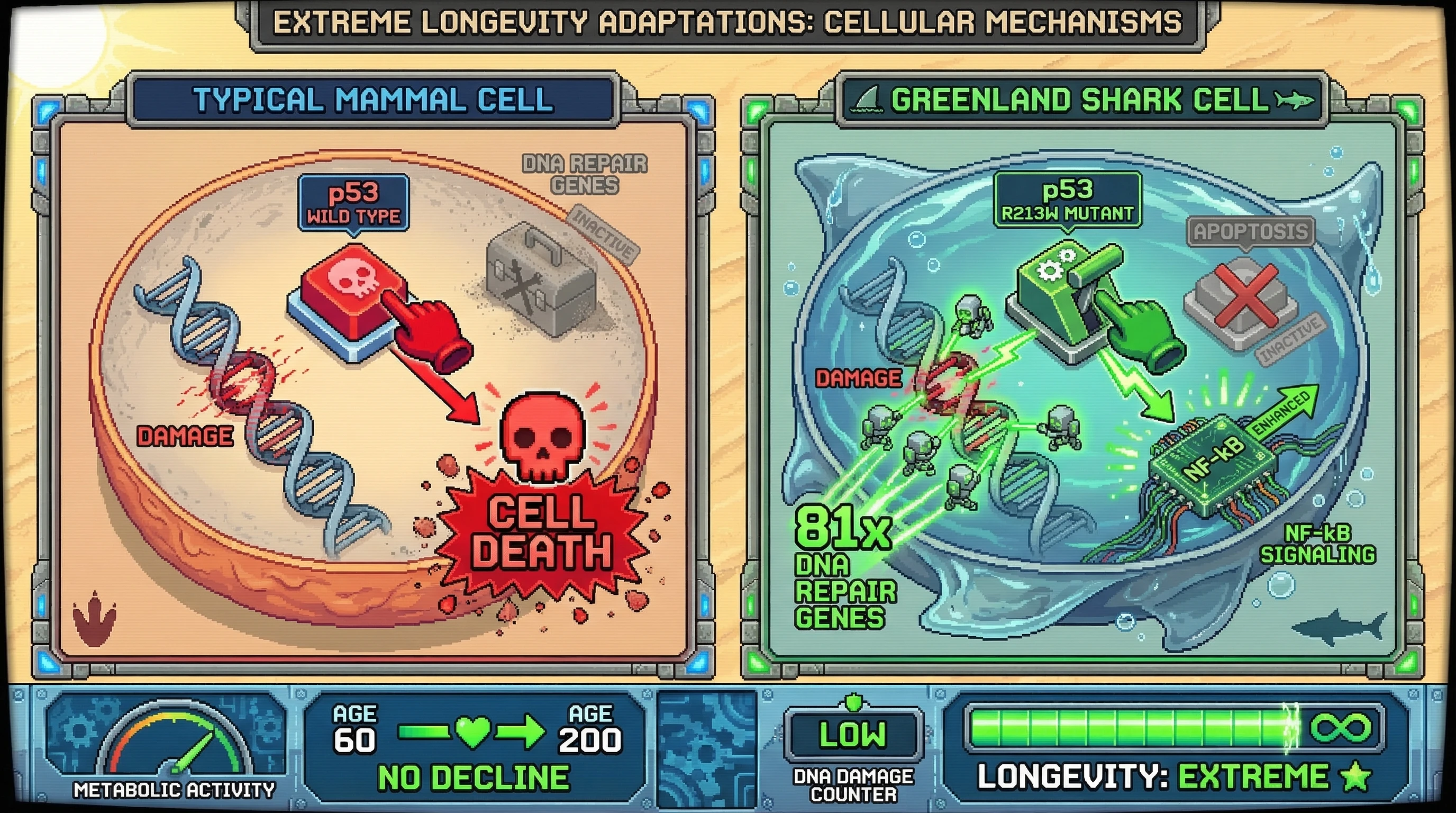 Infographic for: Greenland Sharks Expand DNA Repair Networks Rather Than p53 Duplication