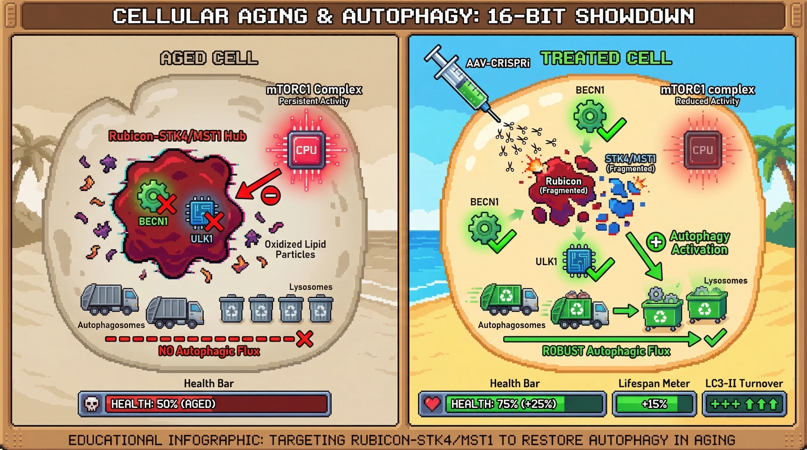 Mechanism: Aging cells form a phase-separated hub of Rubicon and STK4/MST1, trapping BECN1/ULK1 and suppressing autophagy. Readout: Readout: AAV-CRISPRi targeting this hub restores autophagic flux, increasing health by 25% and extending lifespan by 15%.