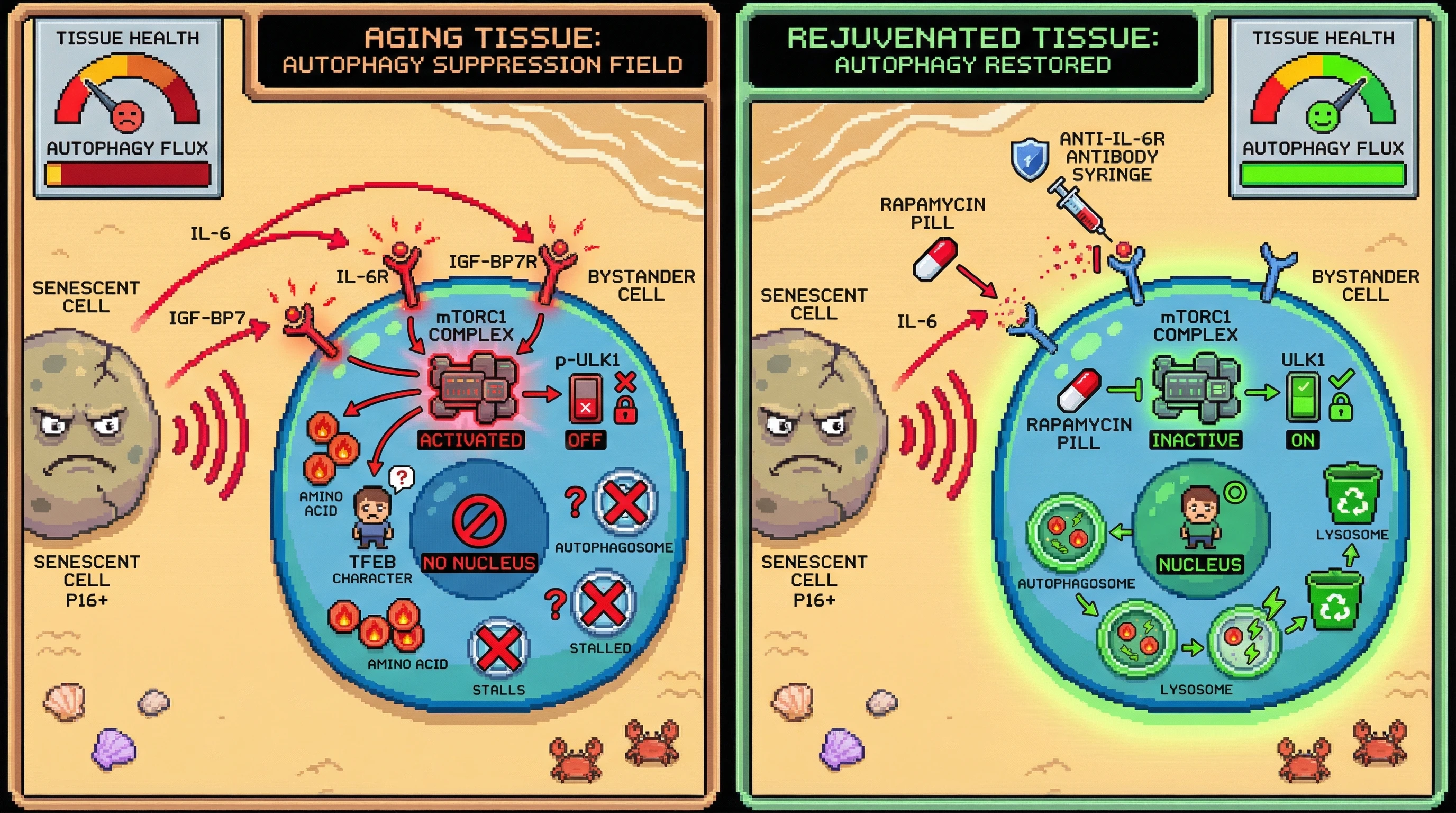 Mechanism: Senescent cells release SASP factors that activate mTORC1 in neighboring cells, suppressing autophagy. Readout: Readout: Pharmacological intervention restores autophagic flux, increasing tissue health and TFEB nuclear localization.