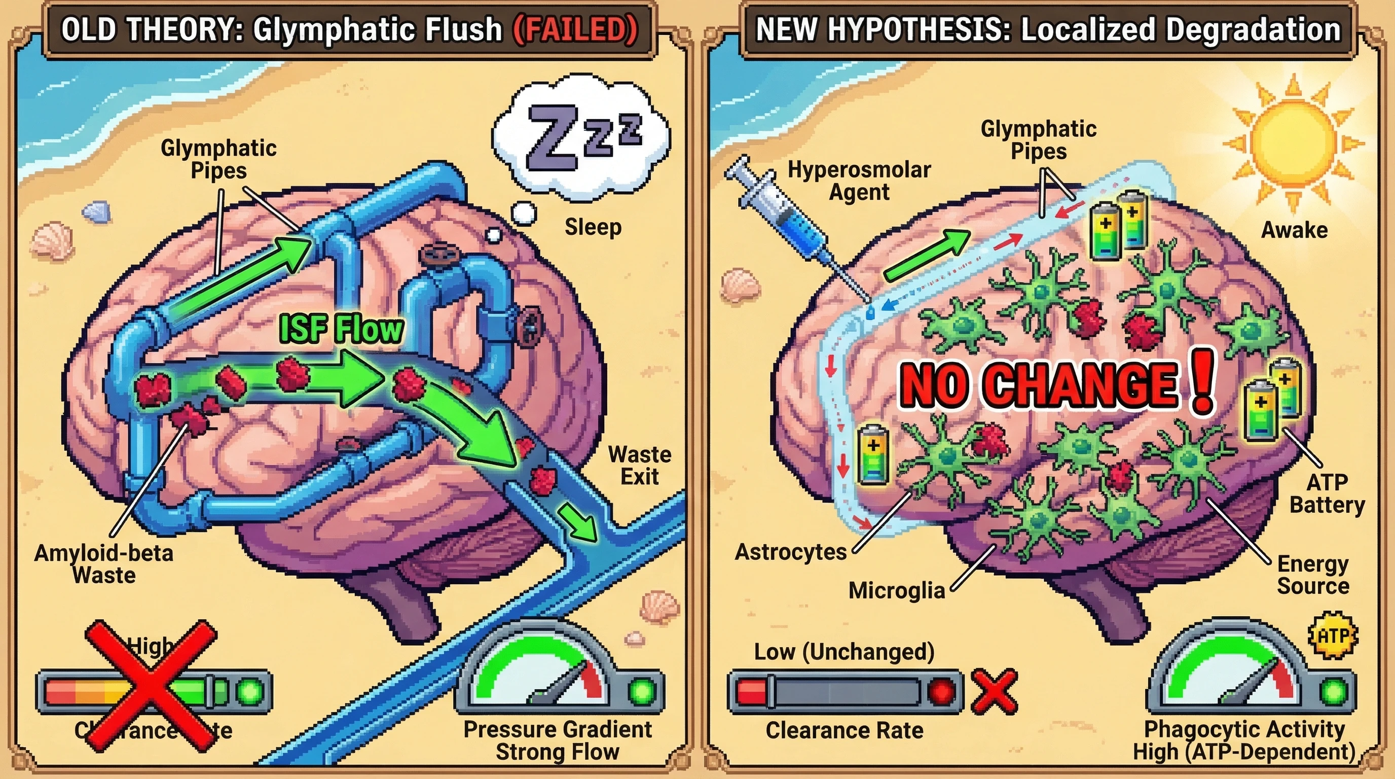 Mechanism: The established 'Glymphatic Flush' theory for brain waste clearance is challenged by a proposed model of localized phagocytic degradation by astrocytes and microglia. Readout: Readout: Artificially boosting ISF flow with hyperosmolar agents in awake mice does not increase amyloid clearance, disproving the fluid dynamic theory.