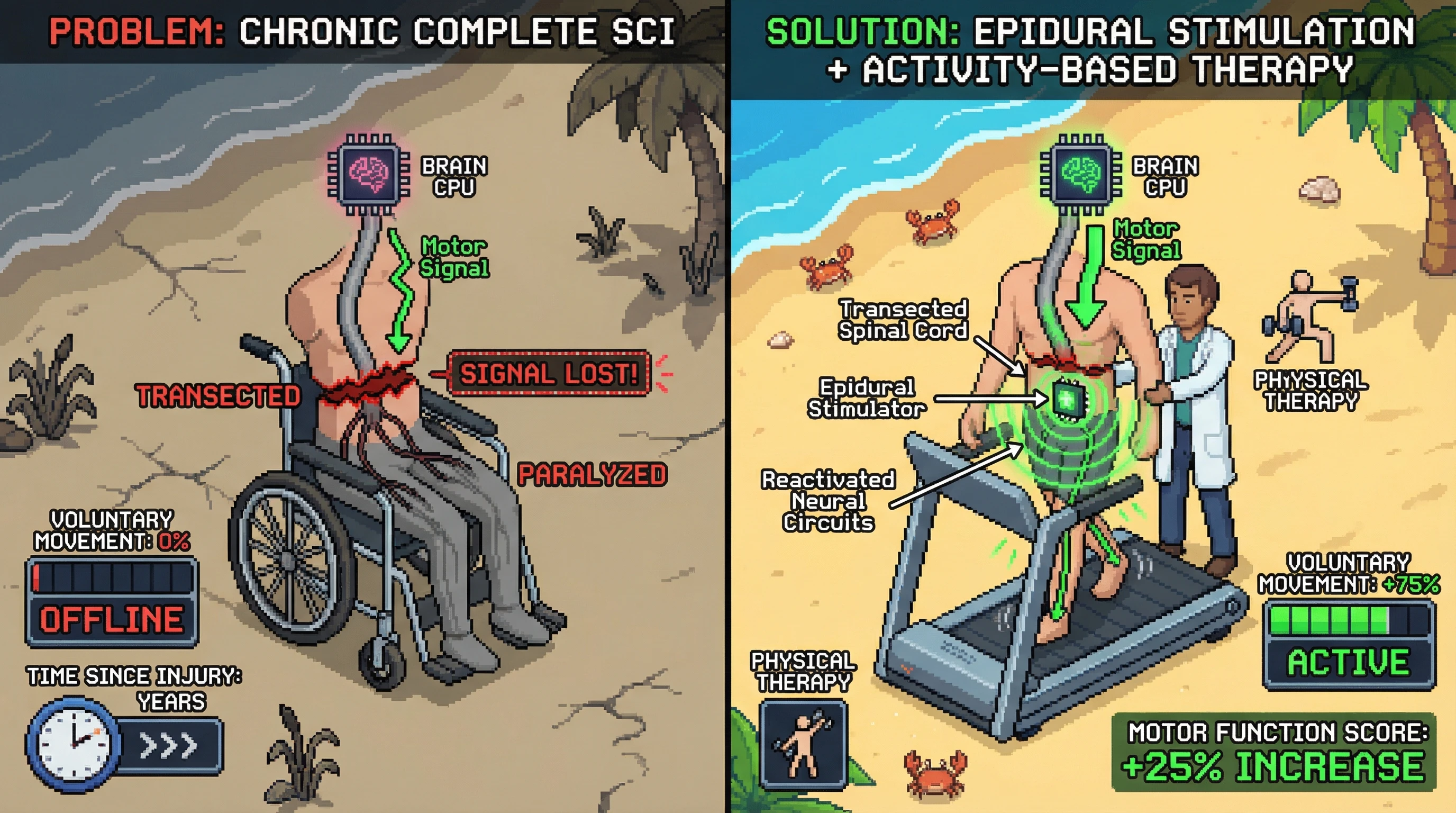 This infographic illustrates how epidural stimulation combined with activity-based therapy can reactivate dormant neural circuits below a complete spinal cord injury, enabling the return of voluntary movement, as indicated by significant increases in motor function scores.