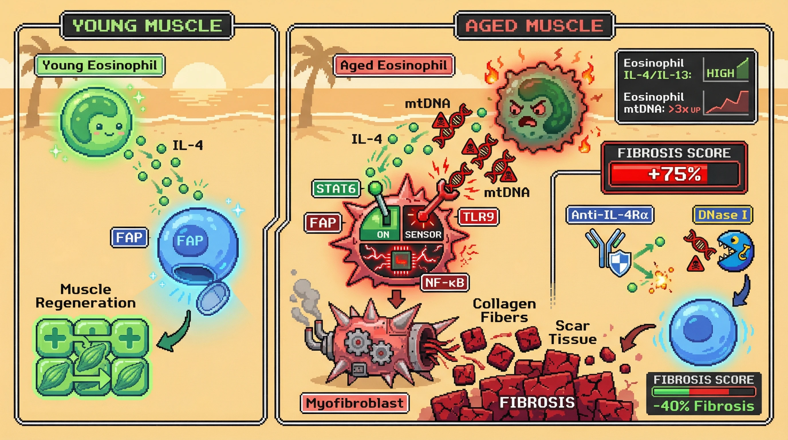 Infographic for: Aged eosinophils drive muscle fibrosis via IL-4/STAT6 and mitochondrial DNA‑TLR9 synergy on fibro/adipogenic progenitors