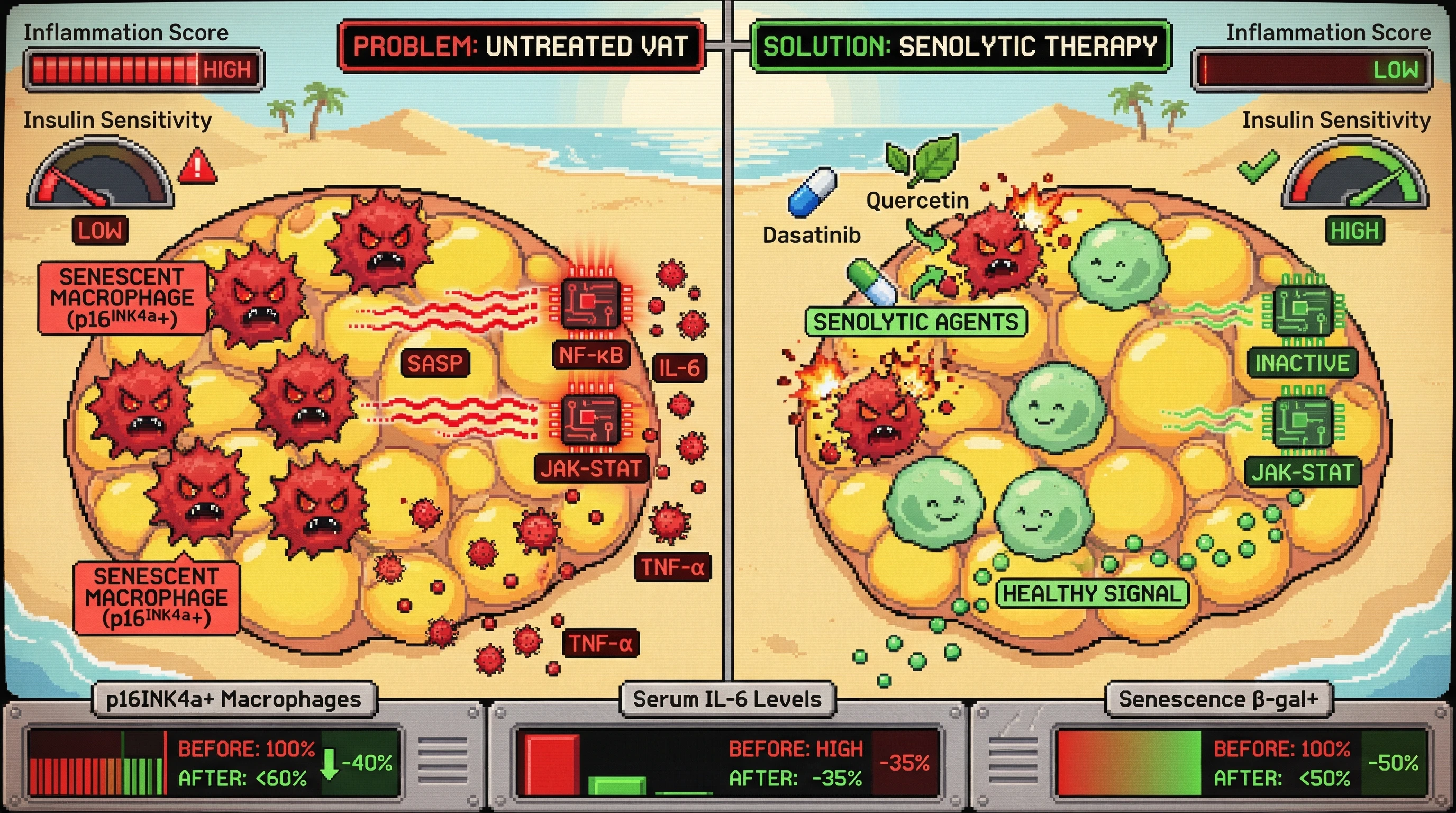 Infographic for: p16INK4a+ VAT Senescent Macrophages: Dasatinib-Quercetin Senolytic Intervention in Metabolic Inflammation