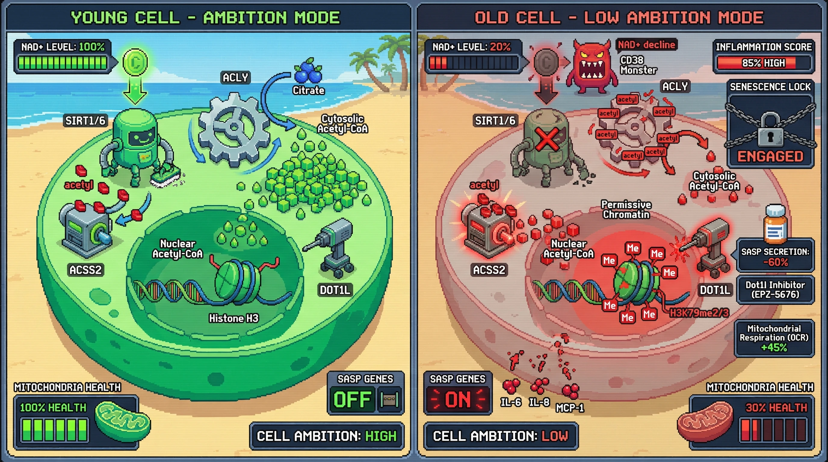 Mechanism: NAD+ decline during aging hyper-acetylates ACLY and ACSS2, shifting acetyl-CoA flux to increase nuclear acetyl-CoA and promote DOT1L-mediated H3K79 methylation at SASP genes. Readout: Readout: This drives a 'Low Ambition' senescent state with high inflammation, which can be mitigated by DOT1L inhibition reducing SASP and improving mitochondrial respiration.