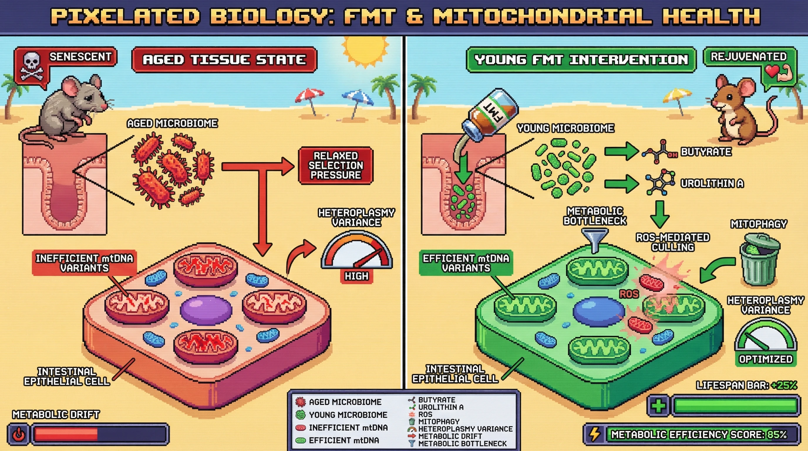 Mechanism: Young-donor Fecal Microbiota Transplantation (FMT) introduces a young microbiome that provides metabolite cues like butyrate, creating a metabolic bottleneck that favors efficient mitochondrial DNA variants and culls inefficient ones via ROS-mediated mitophagy. Readout: Readout: This rebalances mitochondrial heteroplasmy, reducing variance of deleterious variants and stabilizing adaptive ones, correlating with increased lifespan and metabolic efficiency.