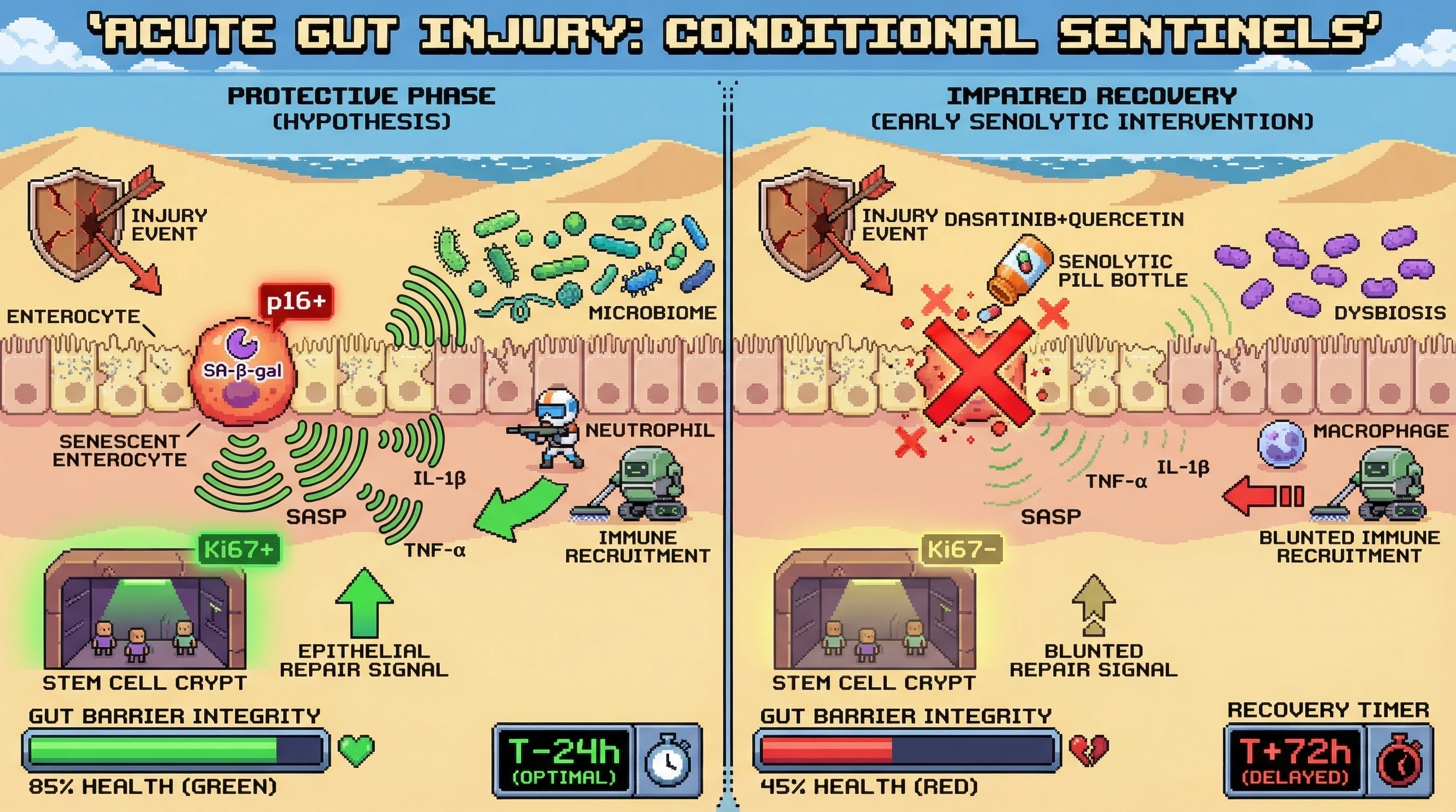 Mechanism: In acute gut injury, senescent enterocytes release SASP factors that promote immune recruitment and stem cell activation for barrier repair. Readout: Readout: Early senolytic intervention blunts these protective signals, leading to impaired barrier integrity and delayed recovery.