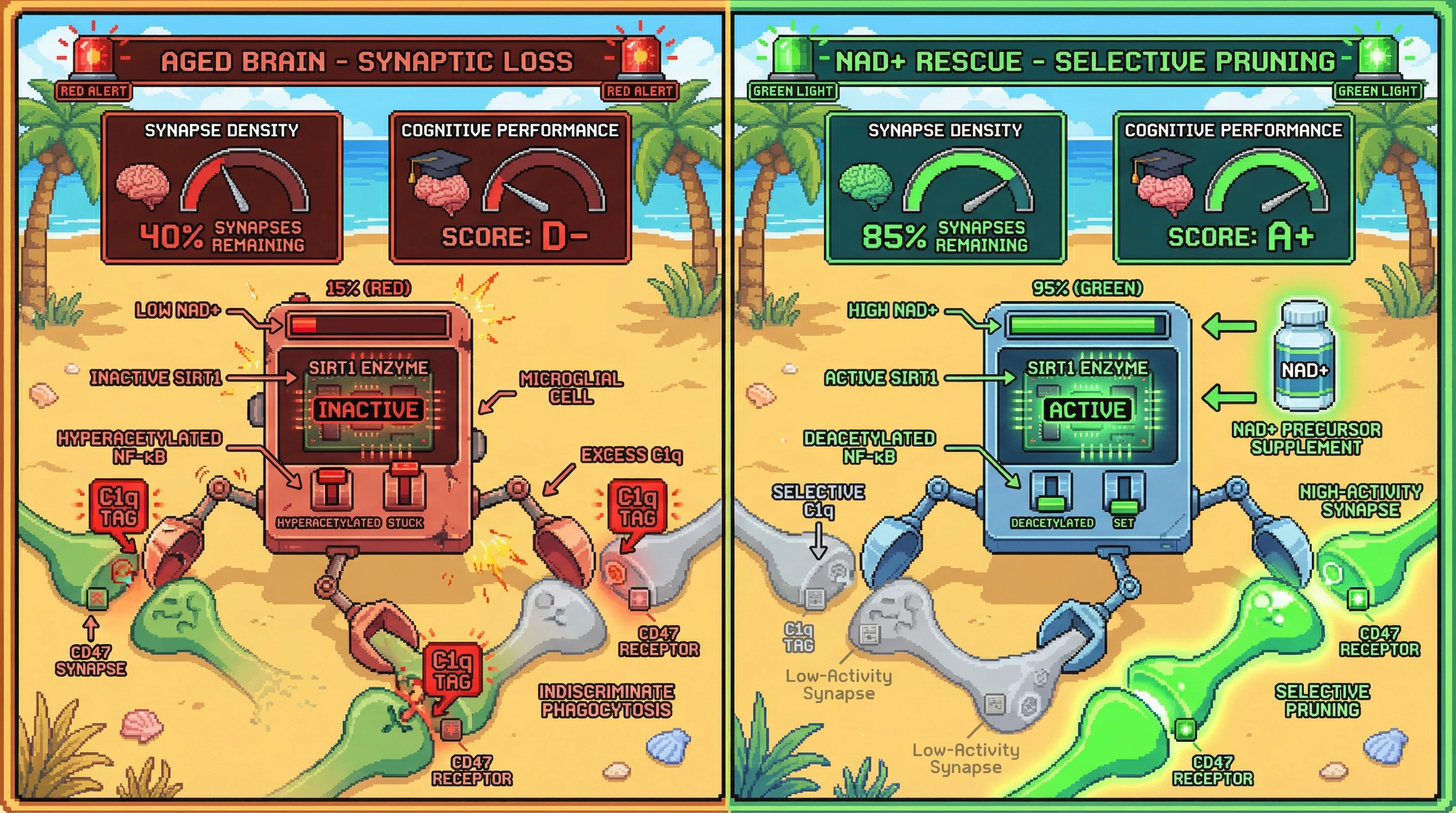 Infographic for: Neuronal loss in aging stems from microglial metabolic impairment disrupting the CD47 'don't eat me' checkpoint