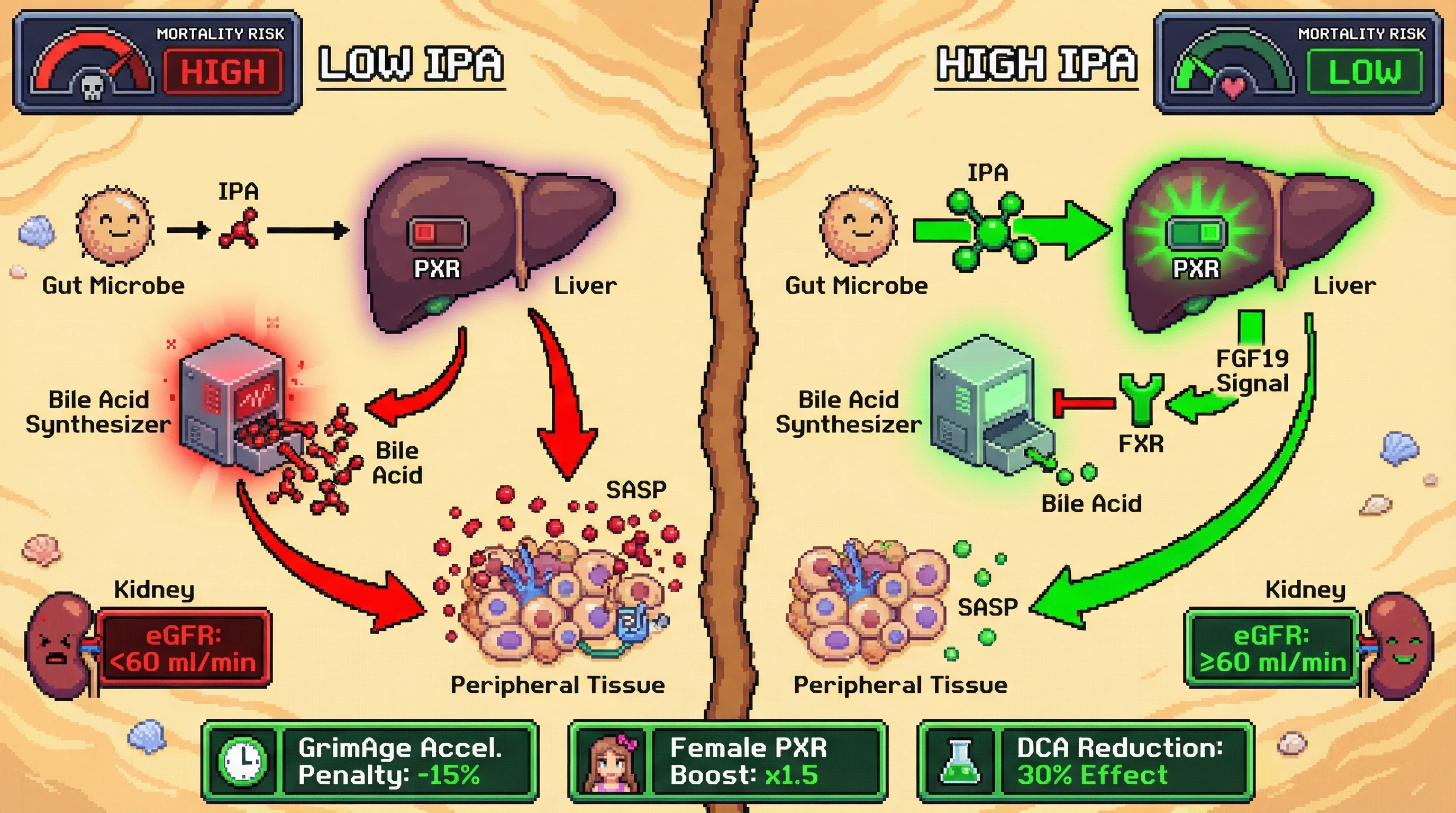 Mechanism: High circulating indole-3-propionic acid (IPA) activates hepatic PXR, which induces FGF19 signaling to inhibit FXR, reducing bile acid synthesis and senescence-associated secretory phenotype (SASP). Readout: Readout: This pathway, modulated by renal function and sex, predicts a ~15% lower hazard of death, with 30% of this effect mediated by deoxycholic acid (DCA) reduction.