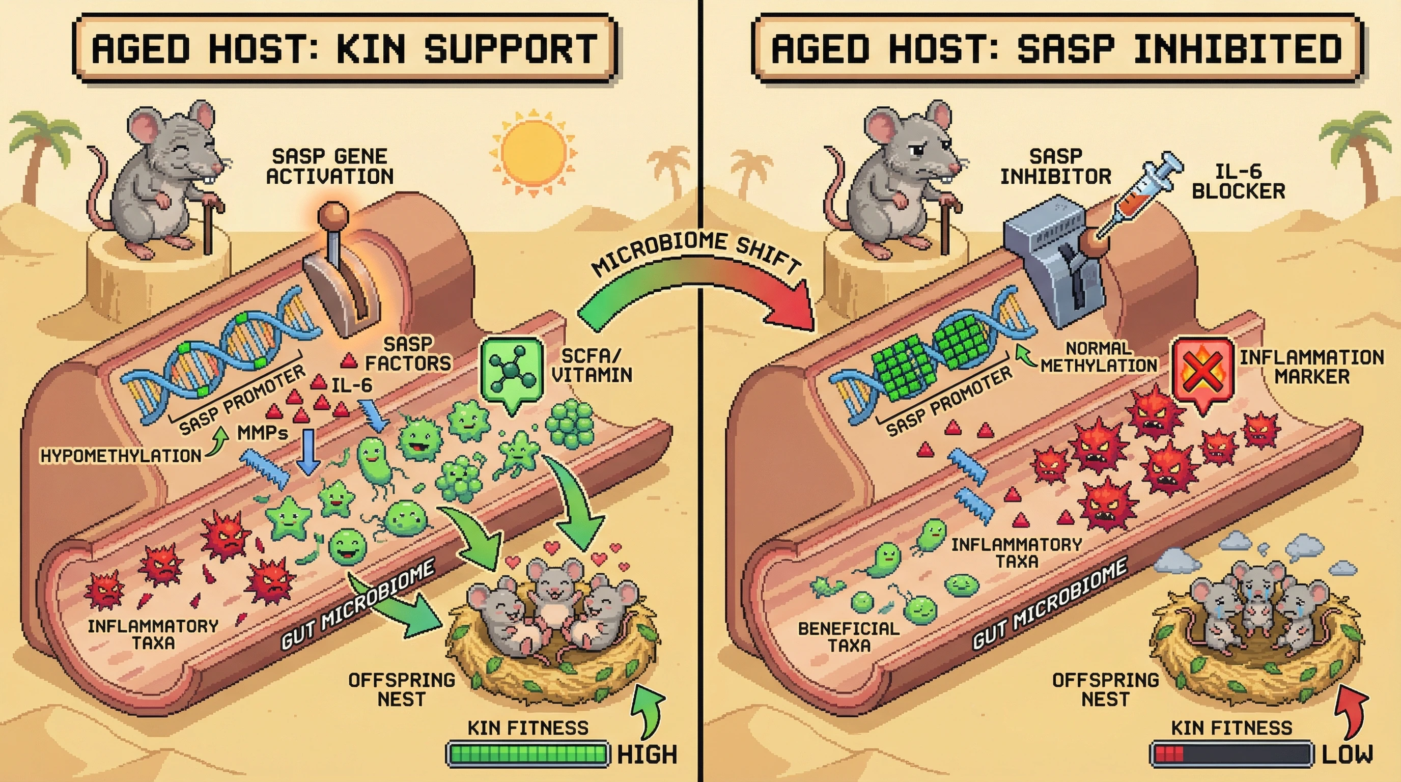 Mechanism: Age-dependent DNA hypomethylation activates SASP in aged individuals, releasing factors that beneficially remodel the gut microbiome to produce SCFAs and vitamins. Readout: Readout: This microbiome shift enhances the survival and fitness of close kin, a benefit lost when SASP is inhibited.