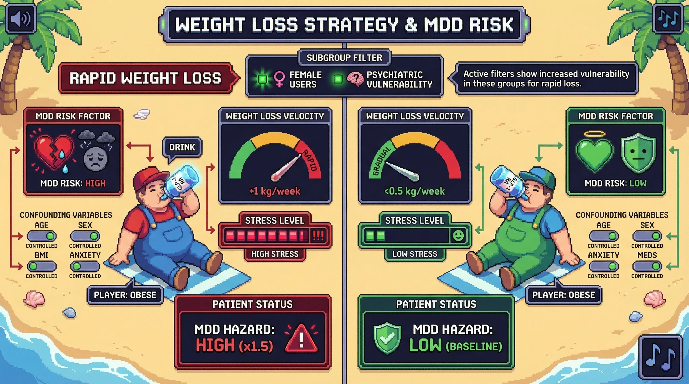Mechanism: Rapid weight loss (1 kg/week) induced by GLP-1 RAs during the initial 90 days increases physiological stress. Readout: Readout: This stress is associated with a higher hazard of incident major depressive disorder (MDD) within 12 months, especially in vulnerable subgroups.