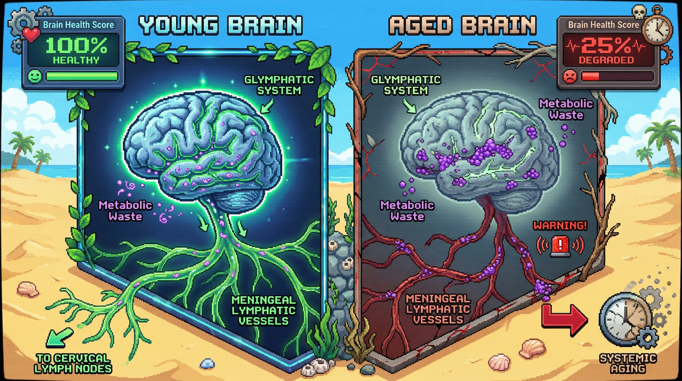 This infographic illustrates how the brain's waste clearance system, involving glymphatic and meningeal lymphatic vessels, degrades with age, leading to waste accumulation and linking brain health directly to systemic aging.