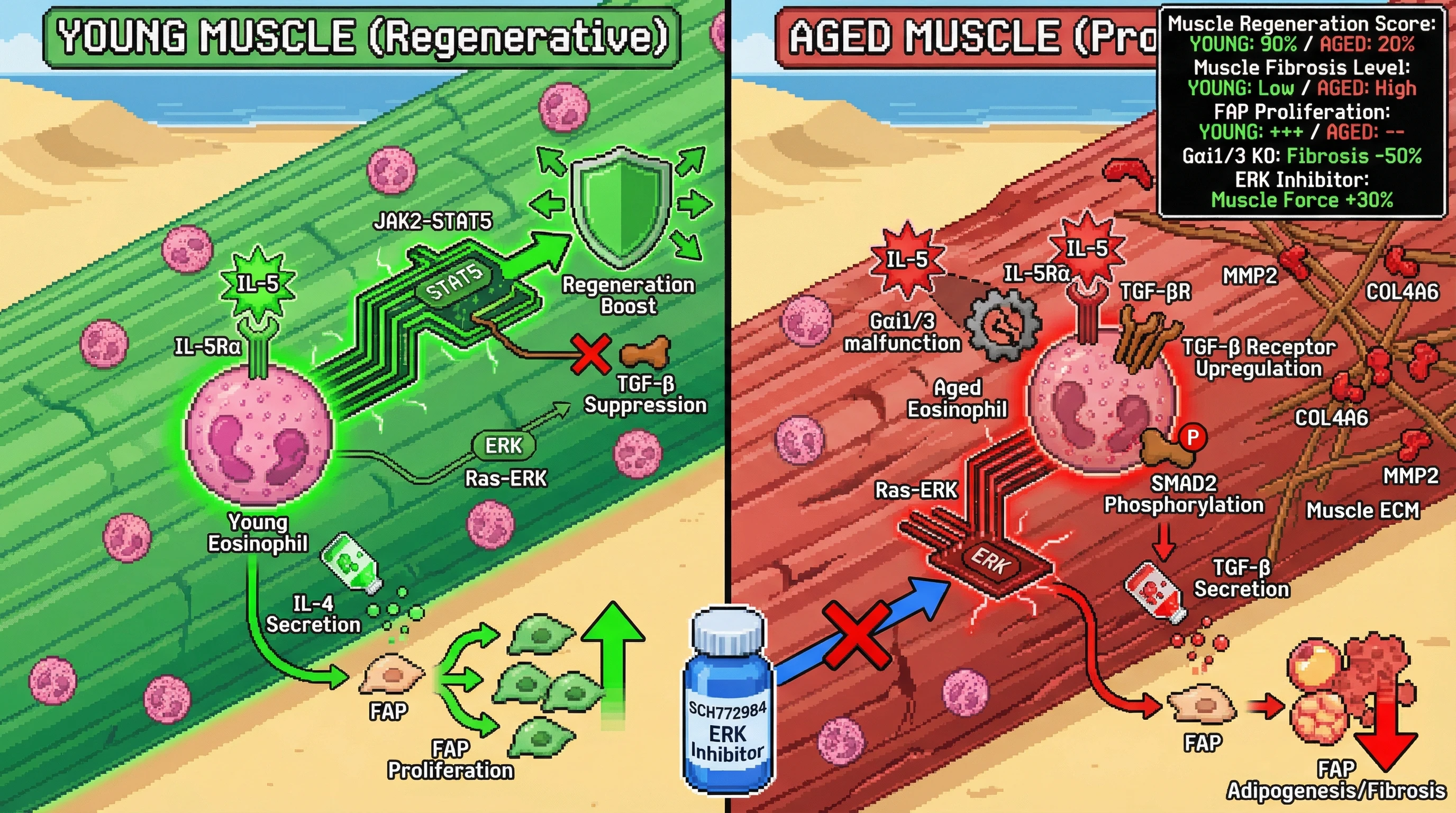 Mechanism: Proposed pathway in "Agingreprograms IL-5 signaling in eosinophils toward ERK‑biased pro‑fibrotic activation, driving muscle ECM deposition and impairing regeneration" links the intervention to the biological effect. Readout: Expected marker shifts are visualized with clear directional changes.