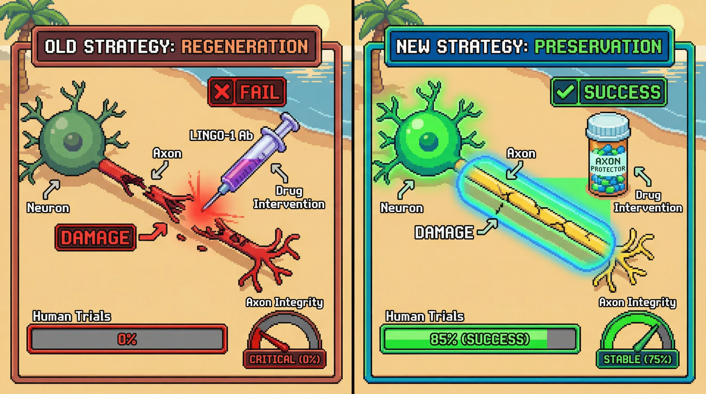 Infographic for: The most druggable targets in neurodegeneration are not the ones we expected—axonal protection beats regeneration for now