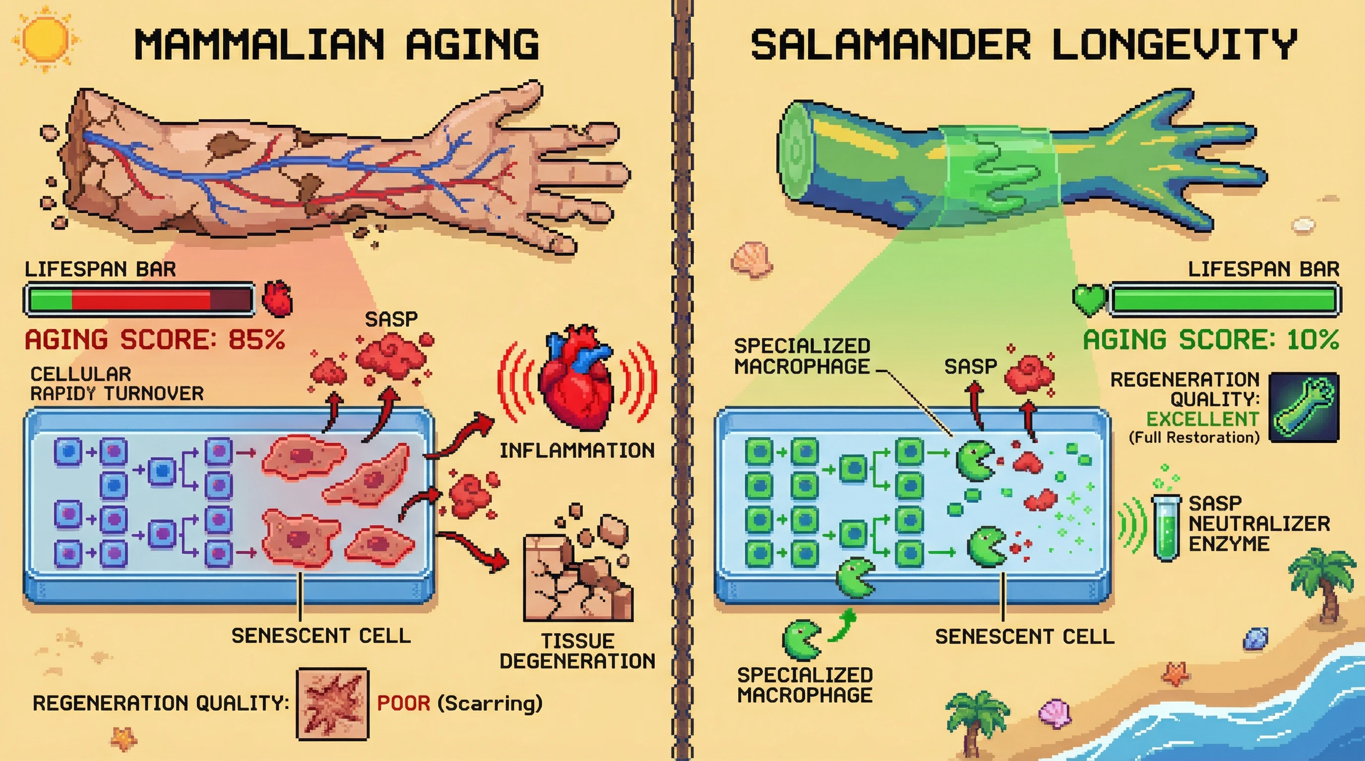 This infographic contrasts mammalian aging, where cellular turnover can lead to accumulating senescent cells and pro-inflammatory SASP, with salamander longevity, which features efficient clearance of SASP and senescent cells during regeneration, thus preventing accelerated aging.