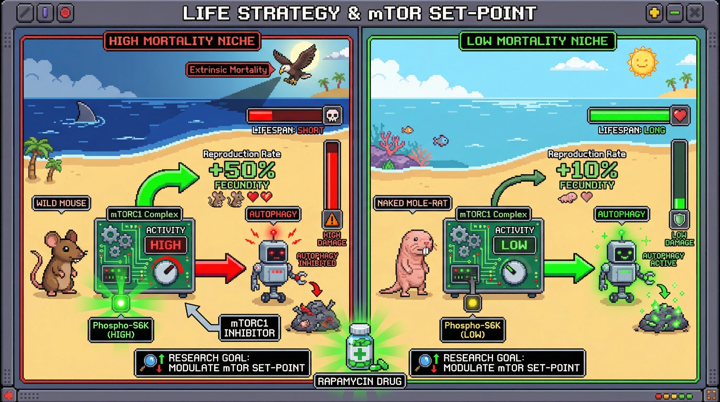 Infographic for: Extrinsic mortality shapes mTOR set‑points: a testable mechanism for the non‑adaptive origins of aging
