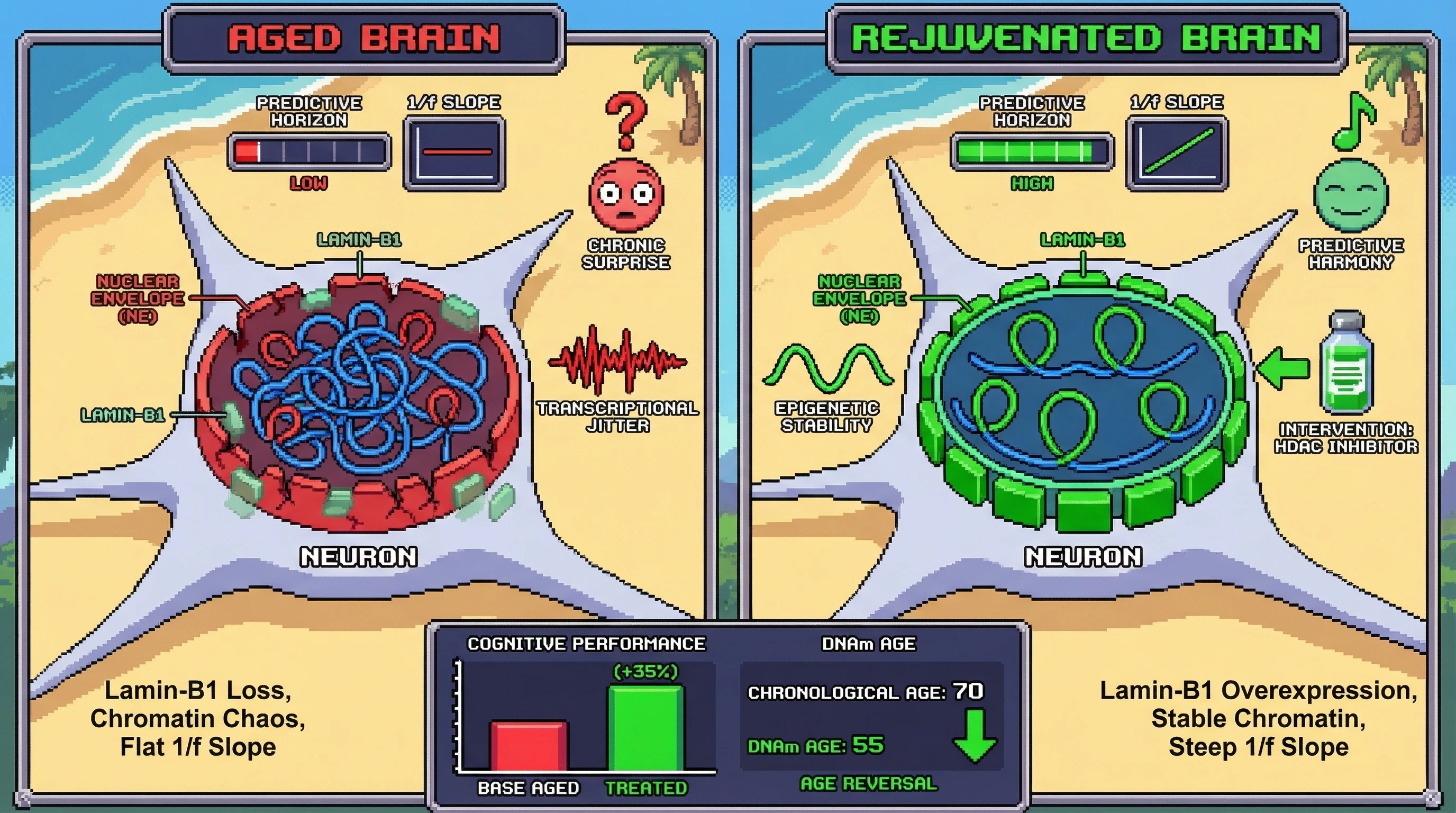 Mechanism: Aging causes nuclear envelope decay and Lamin-B1 loss, leading to chromatin disorganization and transcriptional jitter that flattens 1/f neural slopes. Readout: Readout: Stabilizing the nuclear envelope via Lamin-B1 overexpression or HDAC inhibitors restores steep 1/f slopes, improves cognitive performance, and reduces biological age.