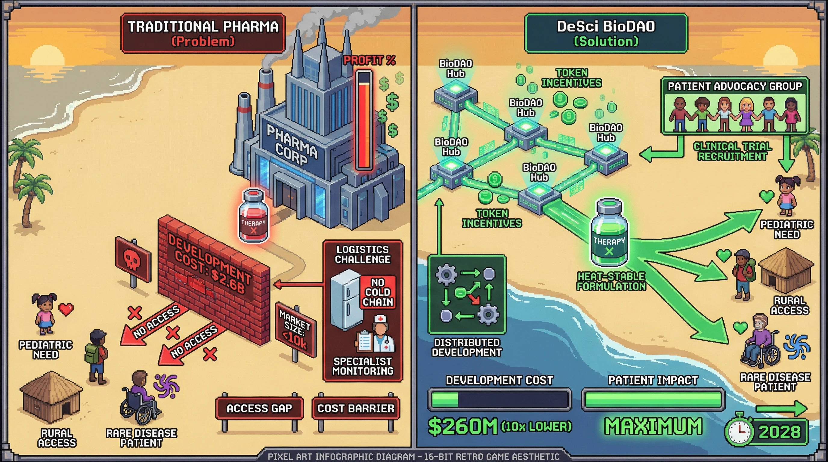 Mechanism: DeSci BioDAOs overcome traditional pharma's economic barriers by reducing development costs and leveraging patient advocacy, enabling existing therapies to reach underserved populations. Readout: Readout: By 2028, successful therapy translation to patient groups will be achieved at development costs 10x lower than traditional approaches.