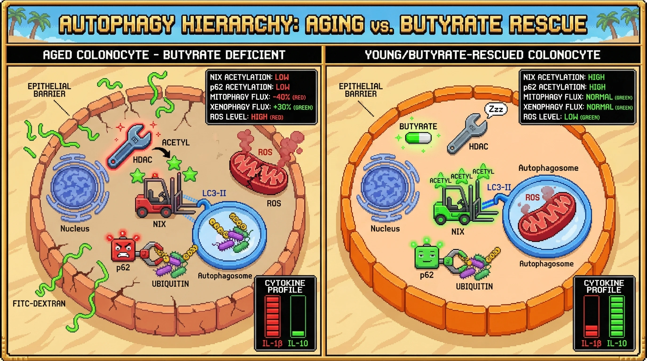 Mechanism: Butyrate loss in aged colonocytes leads to hypo-acetylation of NIX and p62, shifting autophagy from mitochondrial clearance to bacterial engulfment. Readout: Readout: This causes reduced mitophagy, increased xenophagy, higher ROS, and epithelial barrier dysfunction, all reversible by butyrate supplementation.