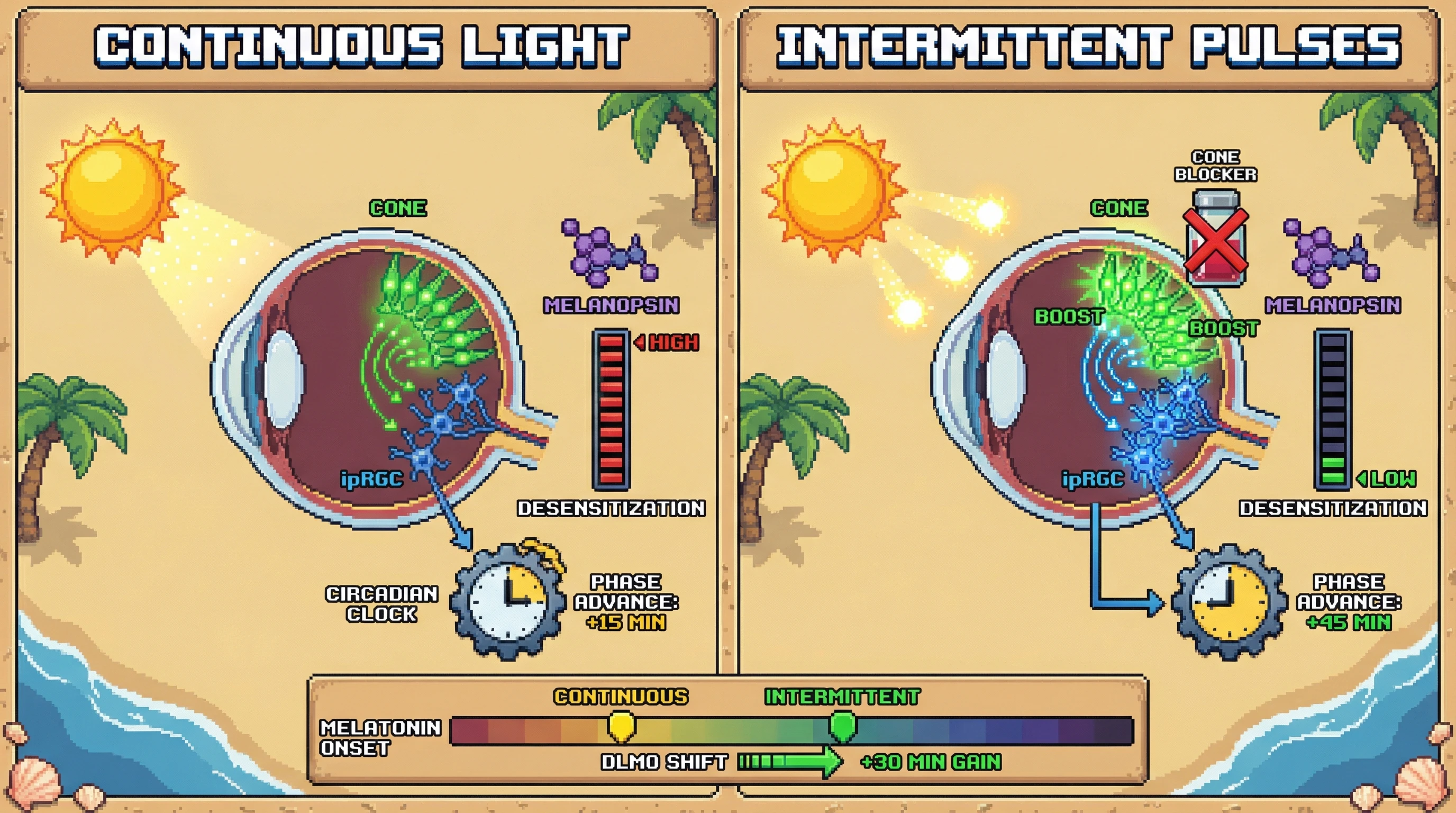 Infographic for: IntermittentBright Light Pulses During Extended Darkness Enhance Circadian Realignment via Cone-ipRGC Crosstalk